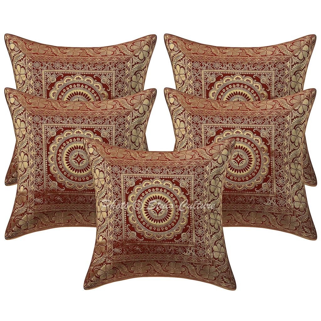 Stylo CultureEthnic Couch Throw Pillow Covers 16x16 Jacquard Red Square 40 x 40 cm Home Decor Accent Pillowcase Brocade Floral Mandala Zippered Cushion Covers | Set of 5