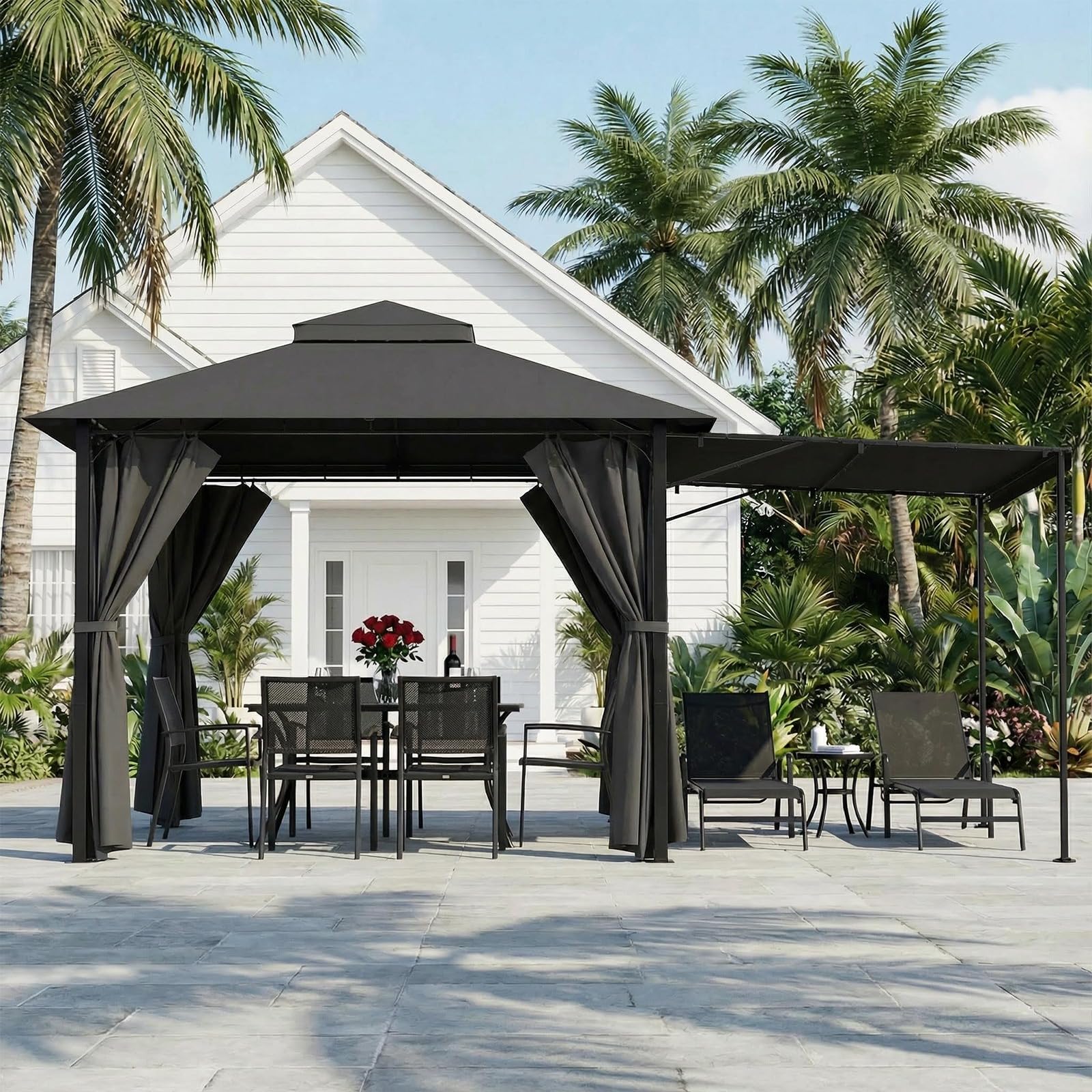 TRIUMPHKEY Gazebo 3 x 3 m, espandibile fino a 3 x 4,8 m, gazebo da giardino con doppio tetto e 3 parti laterali, tenda da sole regolabile protezione solare pergolati da giardino tenda da giardino per