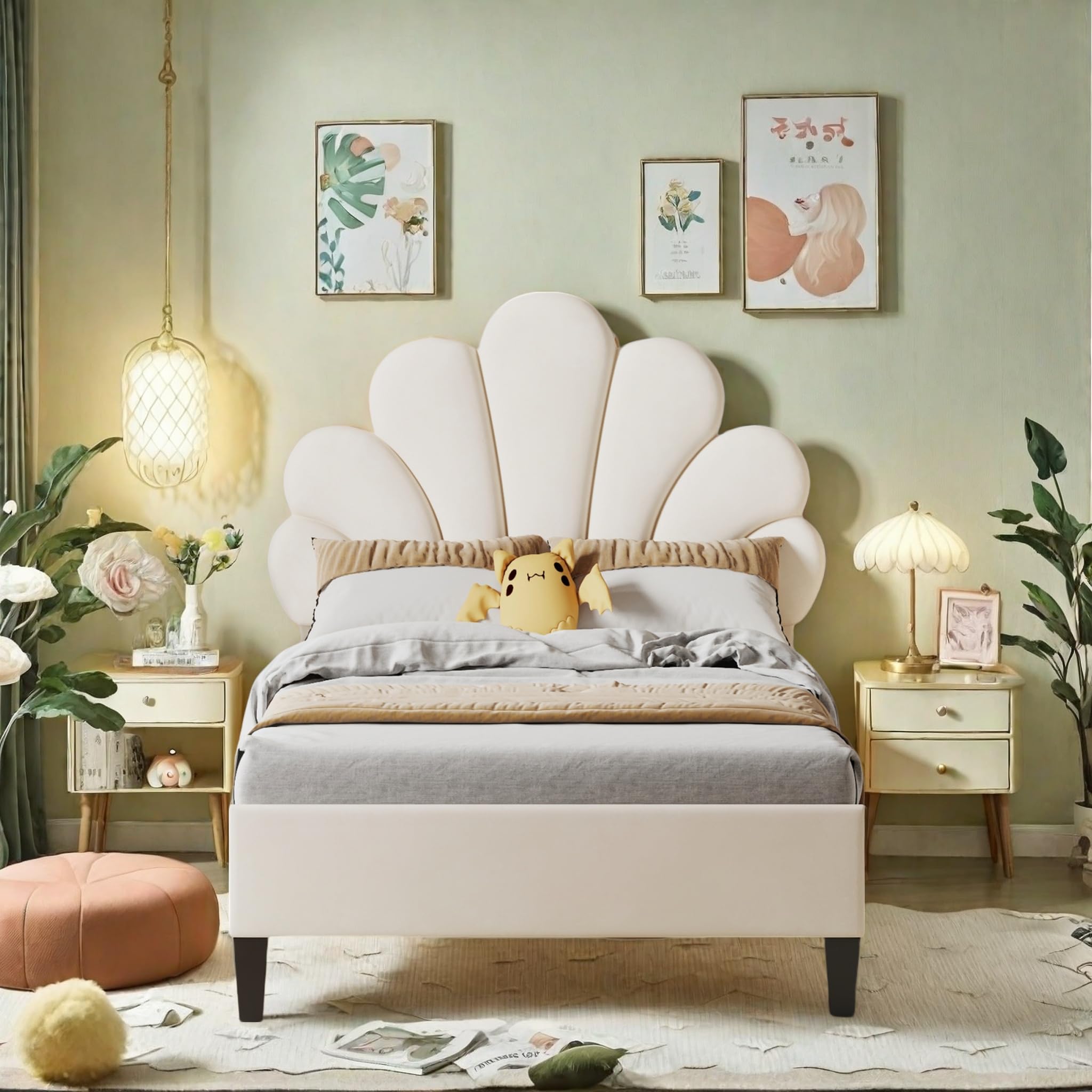 Lit rembourré, Cadre de lit Simple/Double avec tête de lit en Forme de Fleur et sommier à Lattes, pour Adolescente, Fille et Adolescente, Tissu Velours,sans Matelas (Beige, 90x200cm)