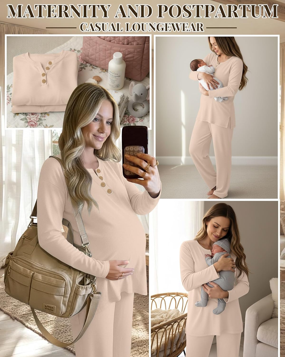 2 Piece Thermal Maternity Lounge Set Postpartum Pregnancy Fleece Loungewear Long Sleeve Top and Wide Leg Pant - Image 4