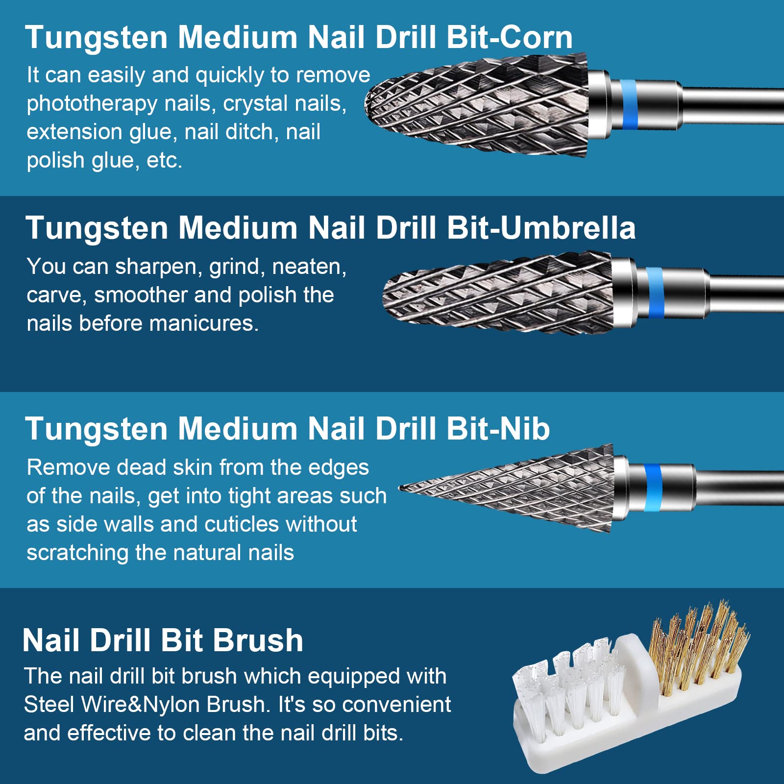 CGBE 3 Pezzi Punte Fresa Unghie, Punta da Trapano per Unghie Carburo di Tungsteno Professionale Grana Media per Rimuovere Gel, Acrilico, Cuticola, Strumenti per Manicure e Pedicure