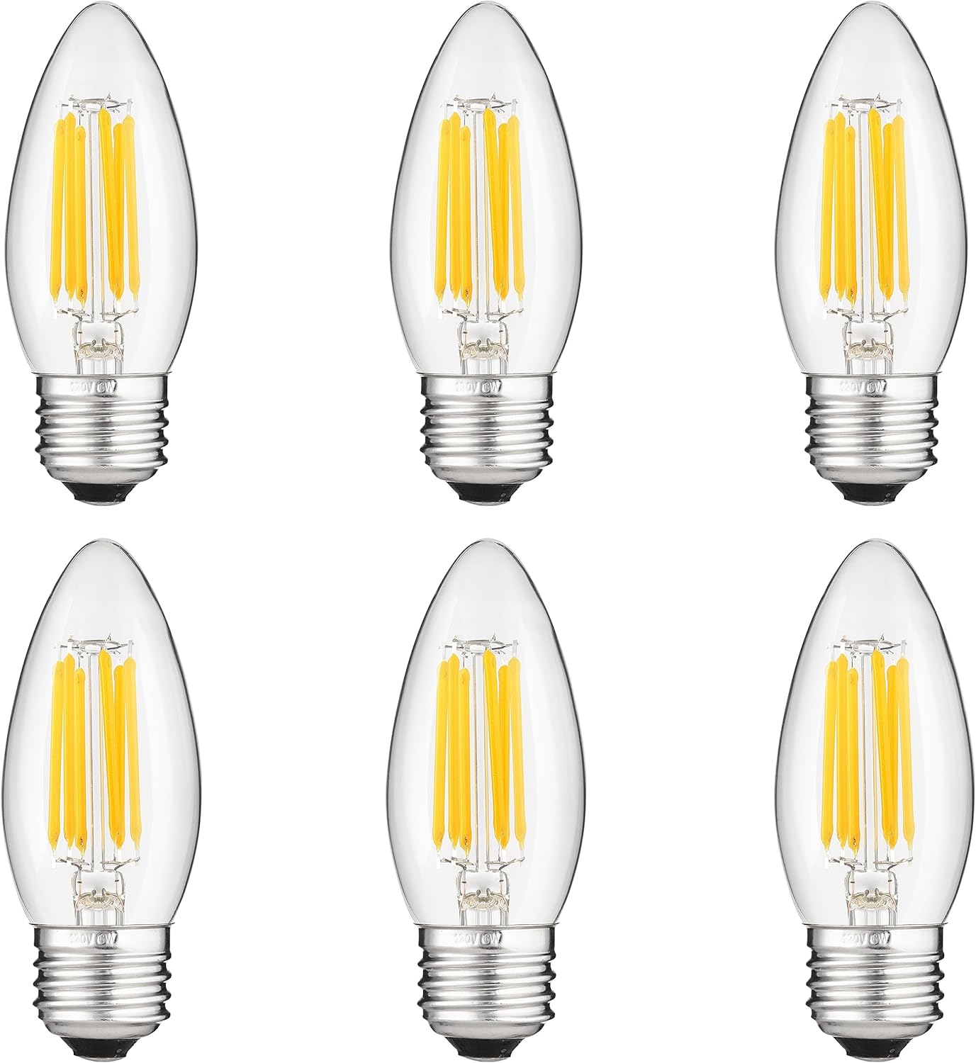 Sunlite LED Filament B11 Torpedo Chandelier Light Bulb, 5.5 Watts (60W Equivalent), 600 Lumens, Medium E26 Base, Dimmable, Edison Style, 90 CRI, UL Listed, 2700K Soft White, 6 Pack