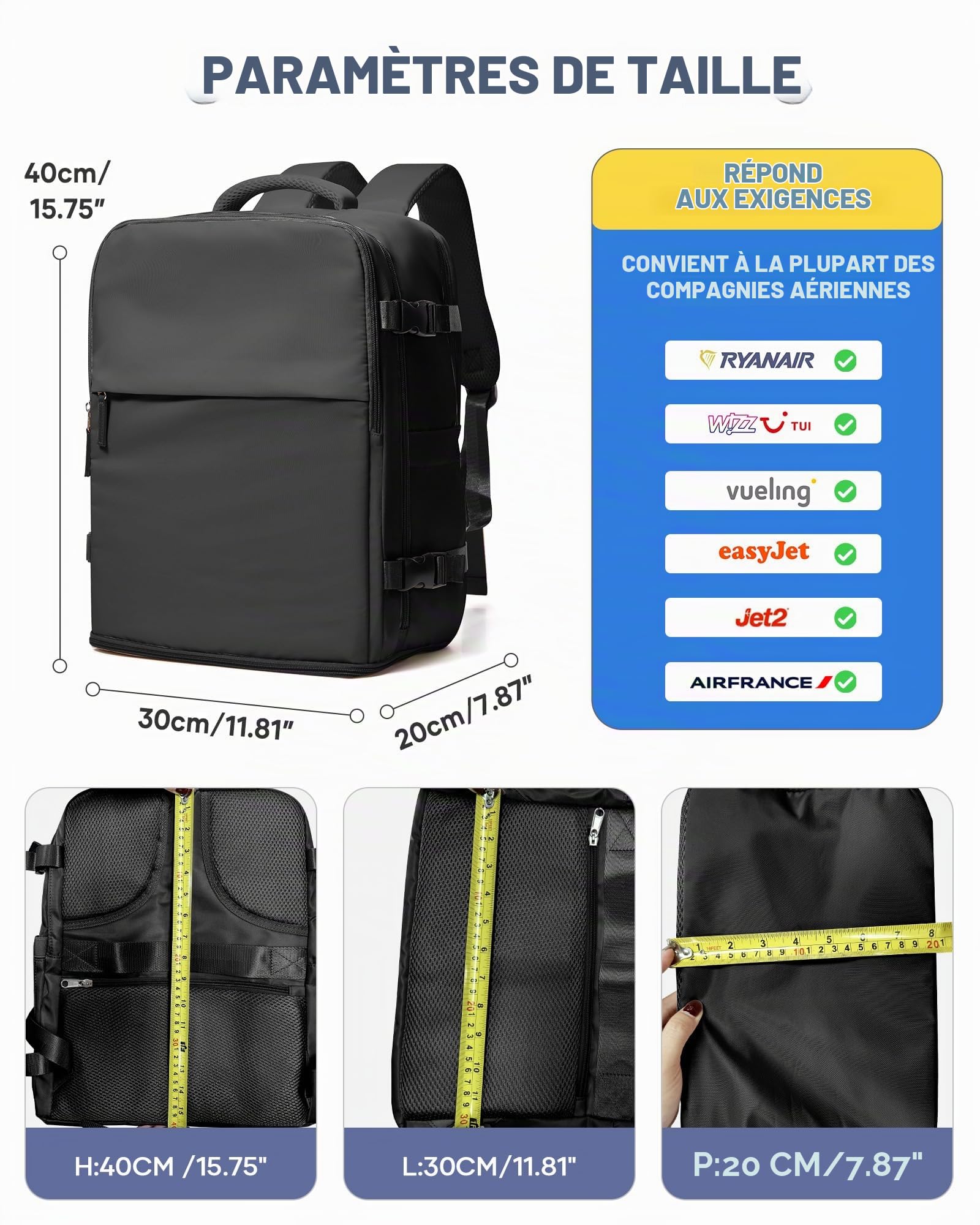 SZSYCN Sac à Dos Ryanair 40x30x20 Compression Sous Vide avec Pompe Bagage Cabine Ryanair Sous Vide Bagage à Main 40x30x20 Wizzair Easyjet Sac à Dos Loisir pour Ordinateur Portable de 16 Pouces