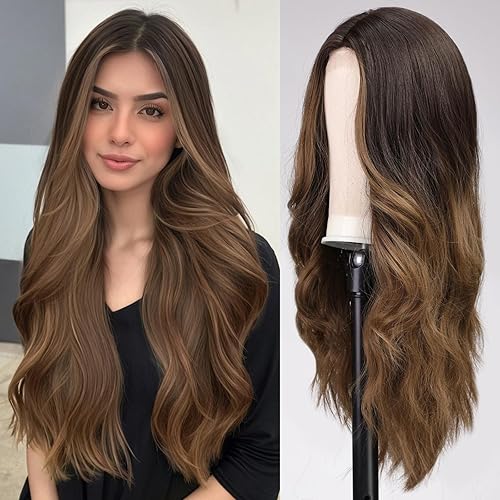 EMMOR Peluca larga ondulada marrĂłn degradado para mujer, pelucas de encaje frontal, aspecto natural, 26 pulgadas, parte media, peluca rizada EMMOR Peluca larga ondulada marrĂłn degradado para mujer, pelucas de encaje frontal, aspecto natural, 26 pulgadas, parte media, peluca rizada