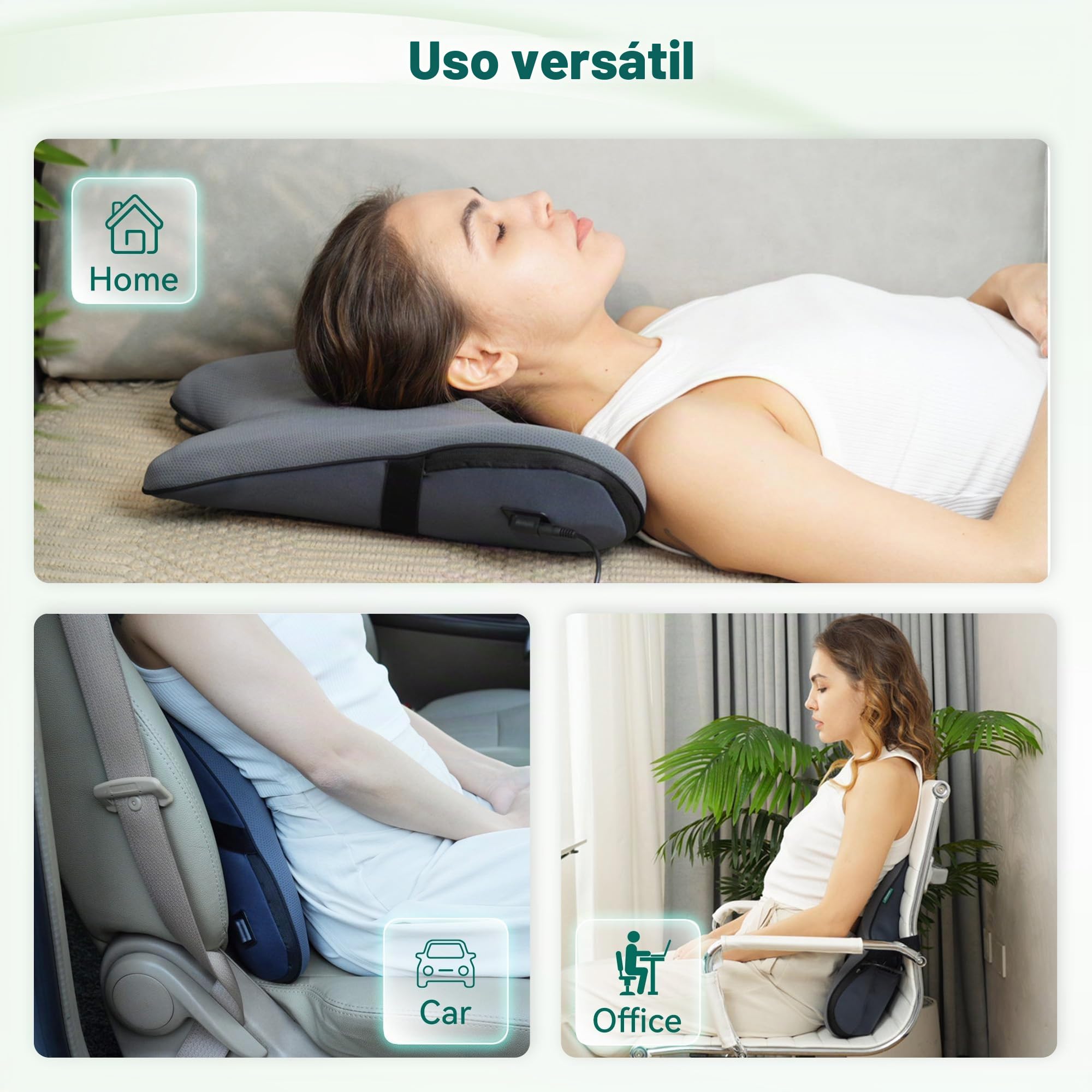 Snailax Cojín lumbar ergonómico con masaje y calor, cojín lumbar shiatsu de espuma viscoelástica, cojín con 3 intensidades de masaje, 2 niveles de calor, 3 temporizadores, cómoda postura