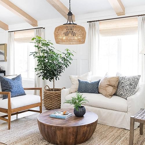 Miniatura 6 de HMVPL Candelabros grandes de granja para comedor, lámpara de araña bohemia de ratán de 5 luces con pantalla de mimbre, iluminación colgante colgante