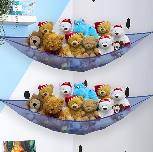 Miniatura 11 de Simple Houseware Paquete de 2 hamacas de juguete de peluche, almacenamiento de pared de esquina para habitación de niños, color negro Negro,Azul