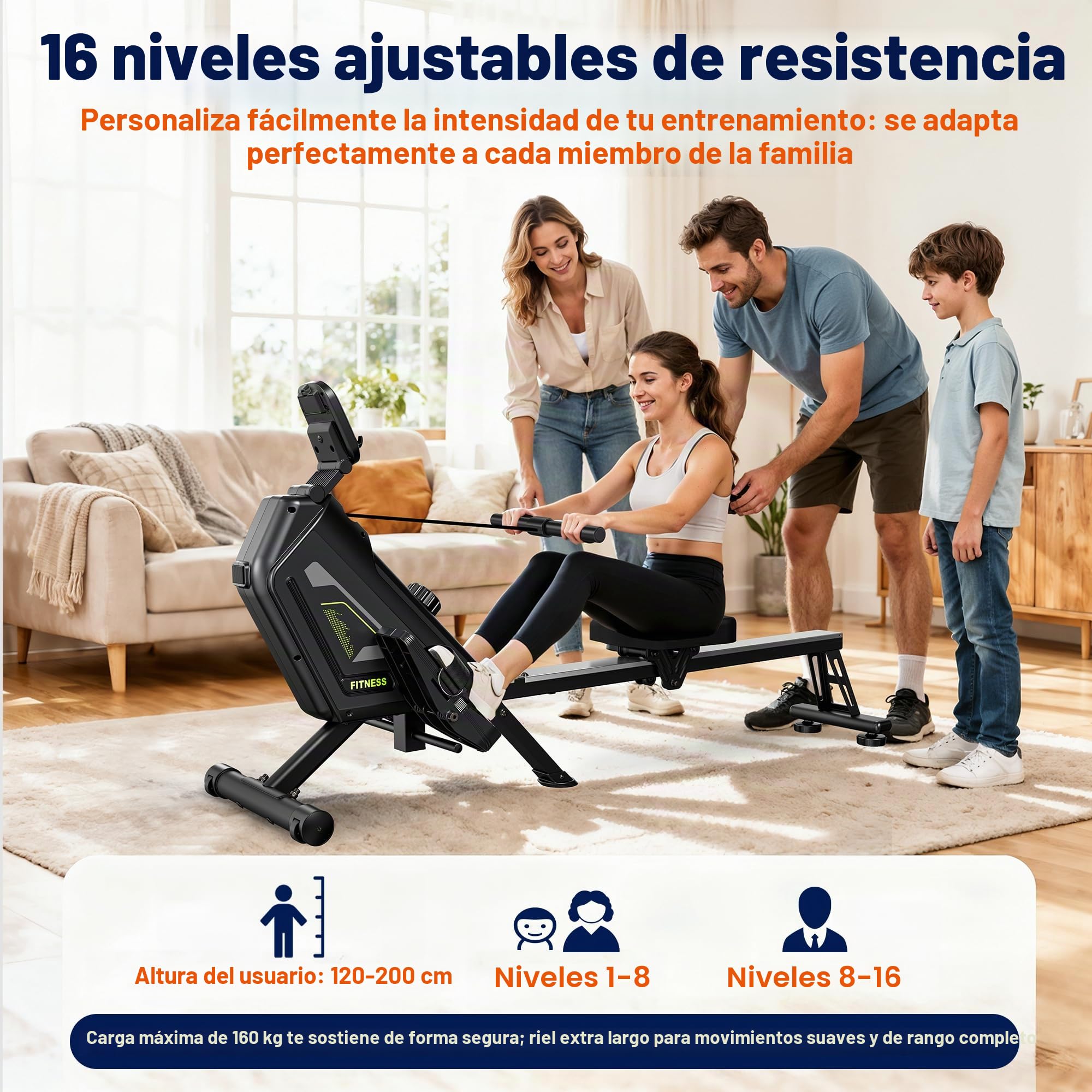 Máquina de remo para el hogar – 16 niveles de resistencia, silenciosa máquina de remo magnética con aplicación, capacidad de carga de 160 kg, fácil montaje, compacta y ahorra espacio
