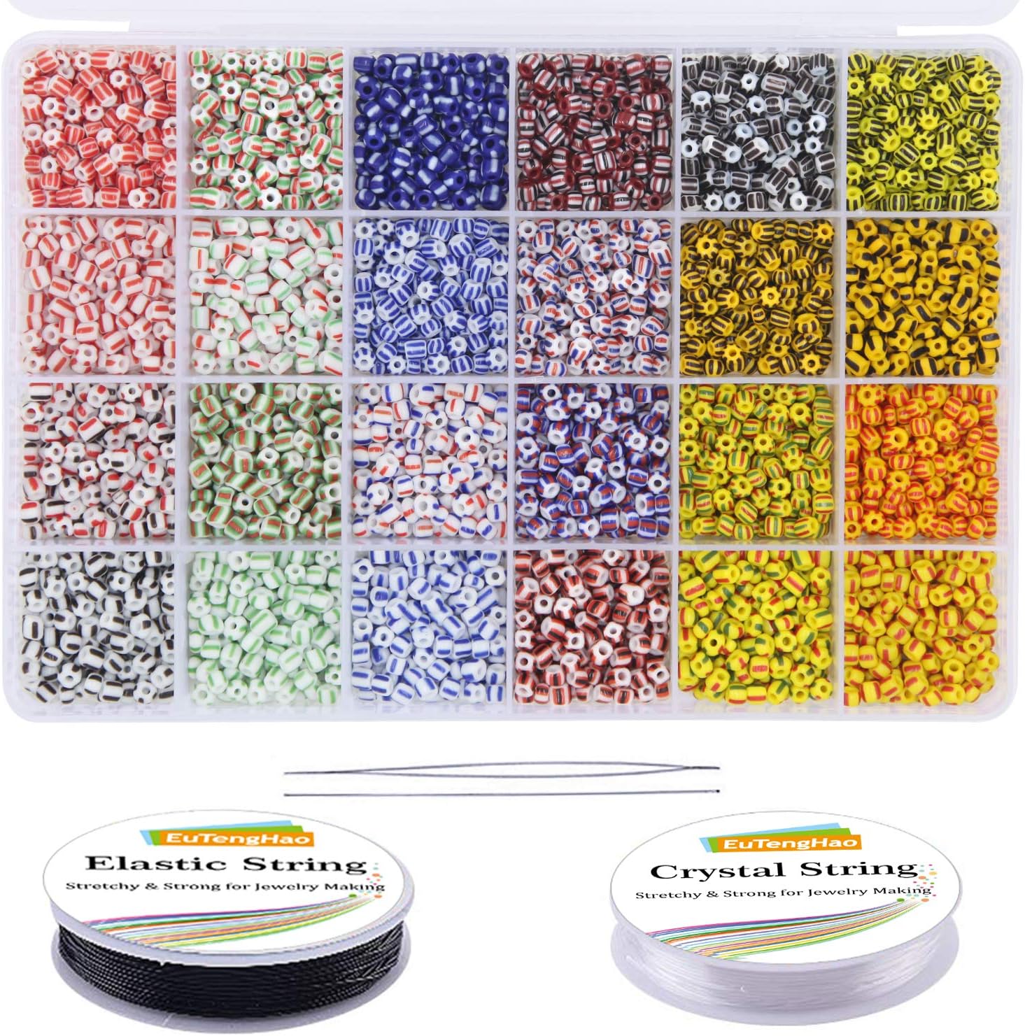EuTengHao 6000pcs Striped Seed Beads Small Craft Glass Seed Spacer Beads Set for DIY Bracelet Necklaces Crafting Jewelry Making Supplies with Bracelet String (250Pcs Per Color, 4mm, 24 Colors)