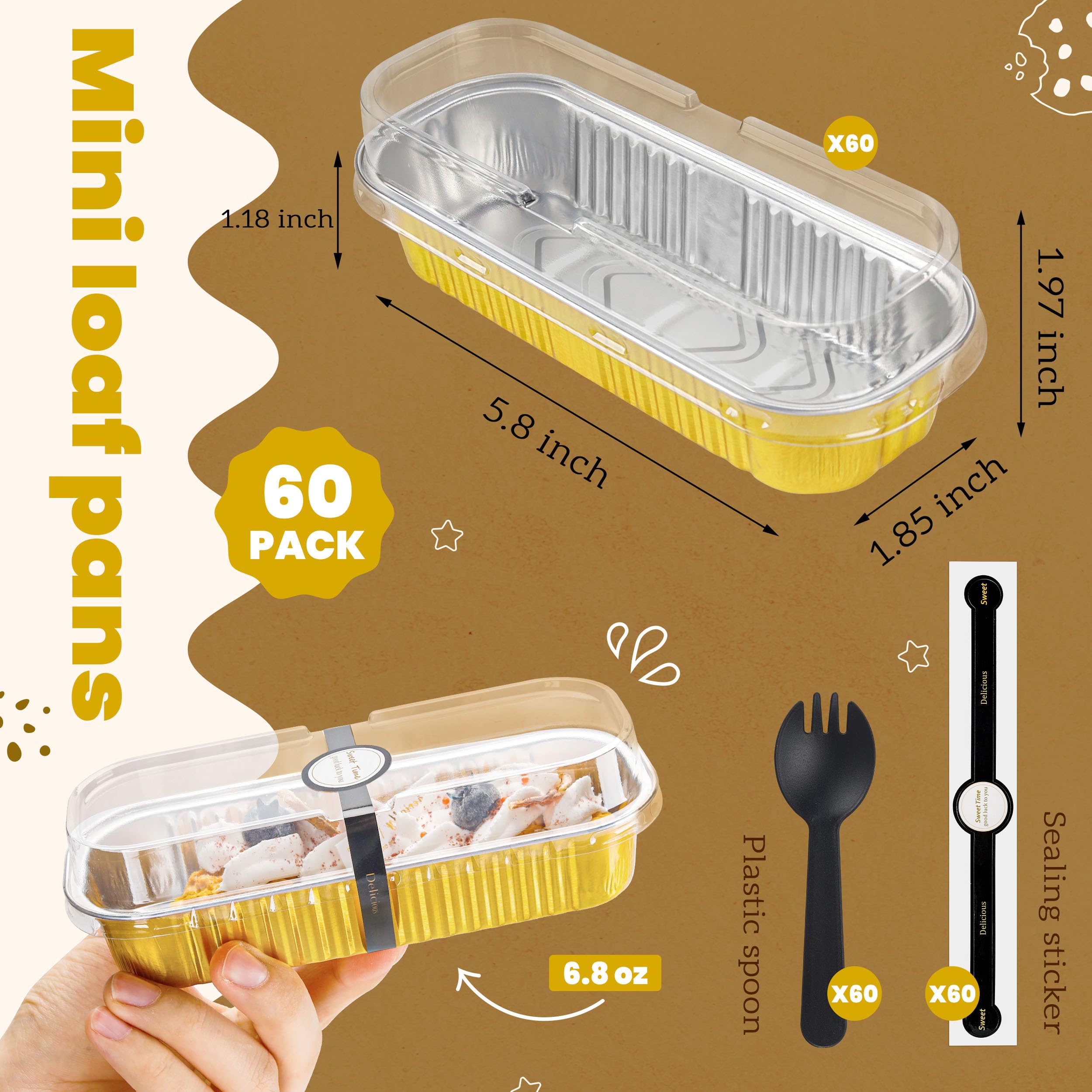 NPLUX Mini moldes para pan con tapas y cucharas rectangulares de aluminio para hornear, mini recipientes para tartas de queso, 6.7 onzas (paquete de 60, dorado)