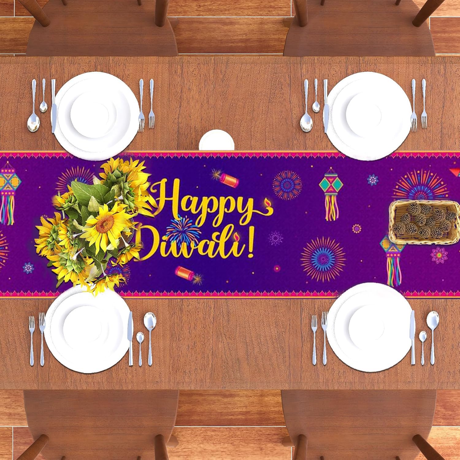 KYMY Happy Diwali Table Runner - 70.8x13.8 Inch Purple Linen, Festive Pattern For Diwali Party & Home Decor