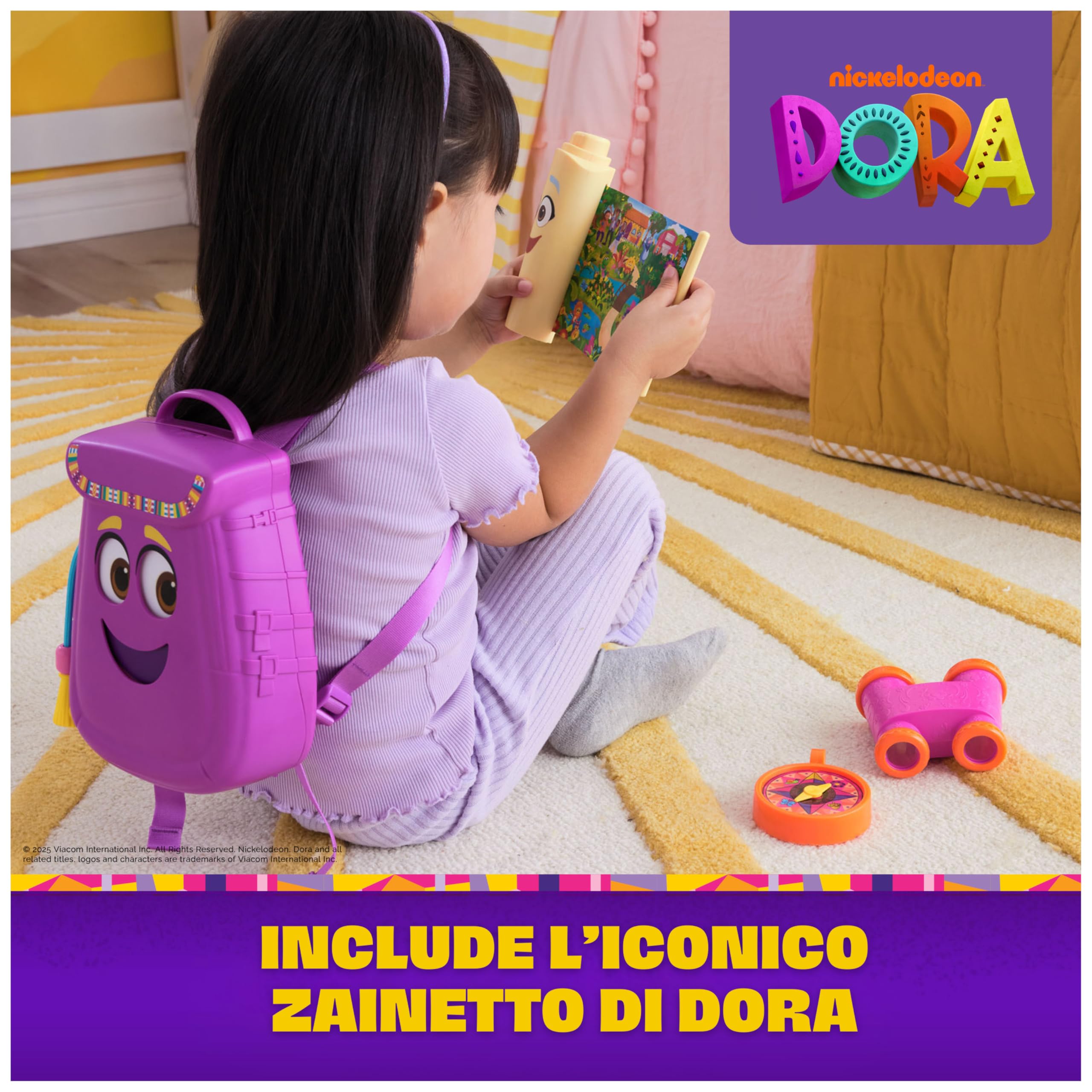 Dora l'Esploratrice, Zainetto con Accessori per l'Esplorazione‚ Mappa, Binocolo e Bussola Giocattolo, Giocattoli per Bambine e Bambini, 3+ Anni