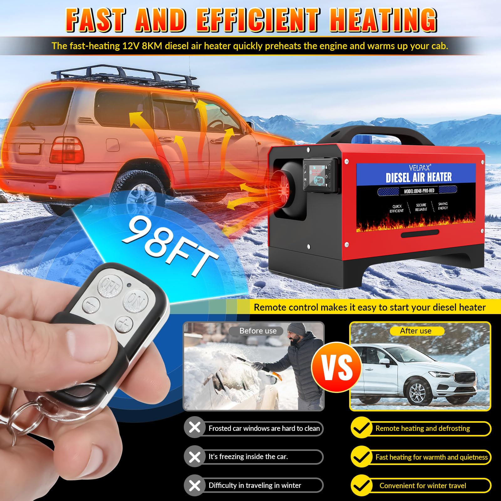 VELPAX Calentador Diésel Portátil Todo en Uno 12 V 8KW,Calentador de Aire Diesel 0,16-0,52 L/h LCD de Control Remoto,Adecuado para automóviles, Camiones, Barcos