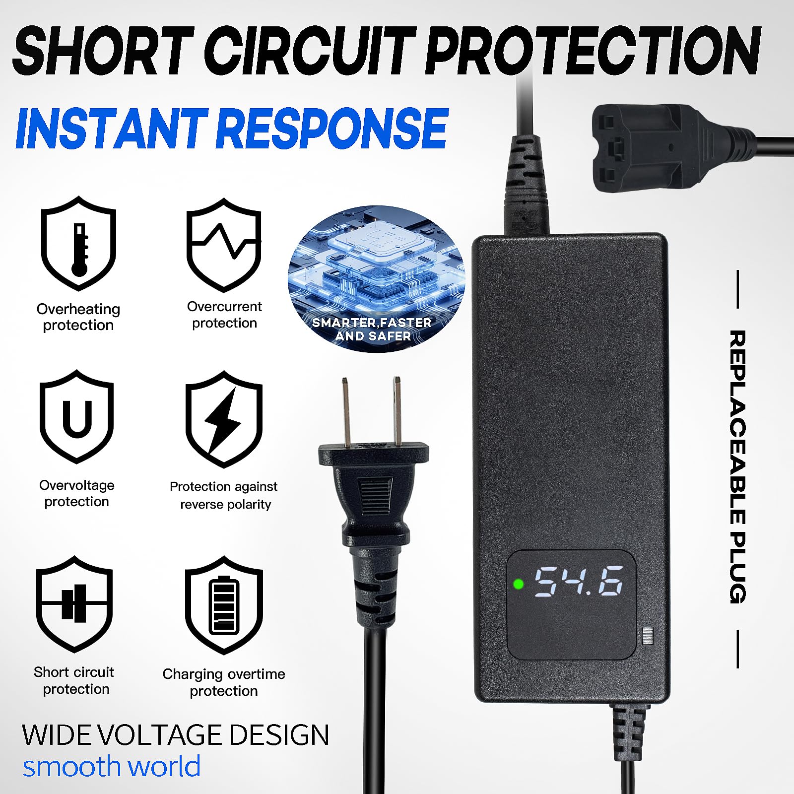 Chargeur de batterie au lithium 54,6 V 2 A pour batterie au lithium tuttio soleil01 48 V 21 Ah, chargeur intelligent avec écran pour éviter la surcharge