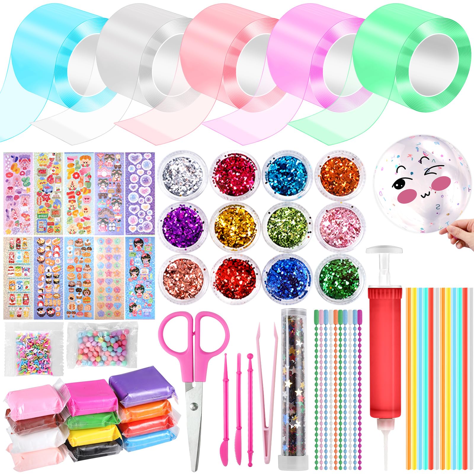 Needbrock 5 Pcs Nano Tape Bubble Kit,1m/3.28 ft Each Roll Nano Tape Bubbles Double Sided Tapes with Luxe Glitter, Clay, Beads, Cute Stickes Suitable for Over 3 Years Old