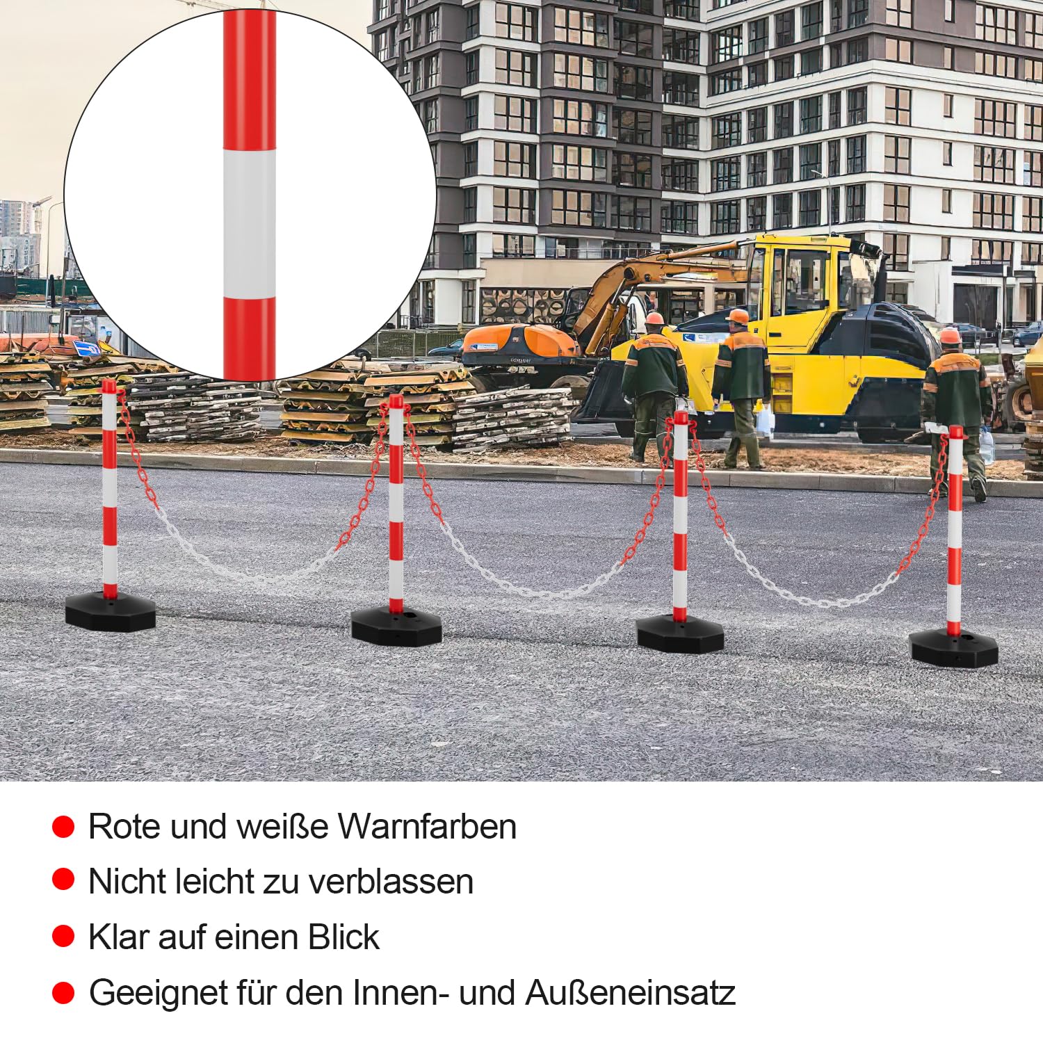 Ikodm 4X Absperrpfosten, Kettenpfosten von 1,4 m Kunststoff Absperrketten Rot und Weiß, Poller Standfuß fasst 3,5 kg Wasser und Sand, Sperrpfosten für Parkplatz, Garage, Auffahrt, dem Tor