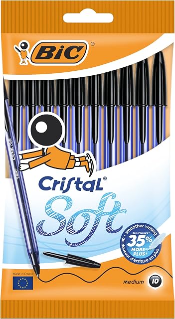 BIC Cristal Soft Ball Pens - Pack of 10 - Black Colour - Medium Point (1.2 mm) - Smooth Writing and Long-Lasting Ink