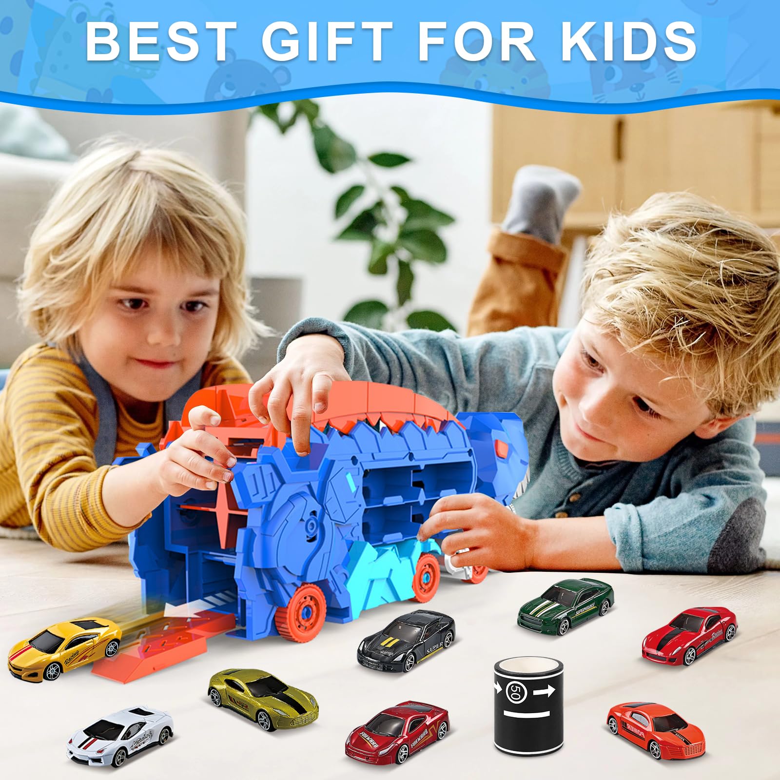 Juguetes para Camiones de Dinosaurios, Portátil Pista De Carreras Camión Juguete Coche con 8 Coches De Carreras, Camiones transportador de Juguete de 3, 4, 5, 6,7,8 años niño — view 6