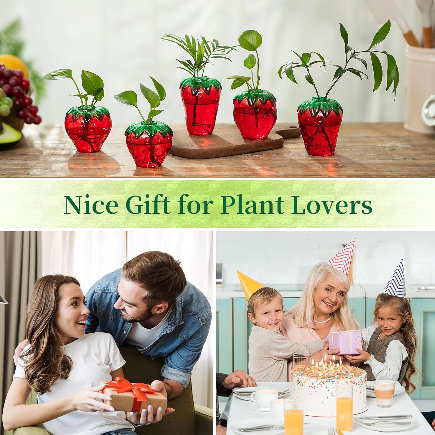 Glass Strawberry Propagation Vases for Plants: 5PCS Cute Strawberry Decor for Home Kitchen Bathroom Office - Unique Indoor Hydroponic Planters Gifts for Mom Women Mothers Day (Red)