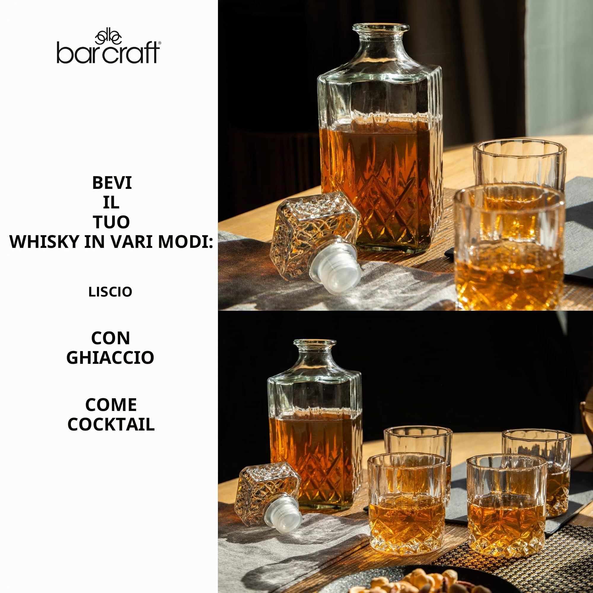 BarCraft Decanter per Whisky 900ml e set da Regalo, in Vetro Tagliato, 5 Pezzi, con Tappo in Silicone e 4x Bicchieri, 26 x 10 x 24cm
