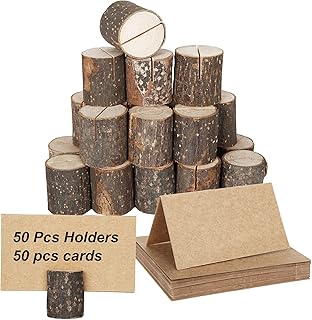 50 Pcs Premium Wood Place Card Holder And 50 Pcs Kraft Table Place Cards, Rustic Table Number Holders Stands, Wood Photo Holder 1.3 Inch Name Place Card Holder for Table, Wedding, Party, Birthday