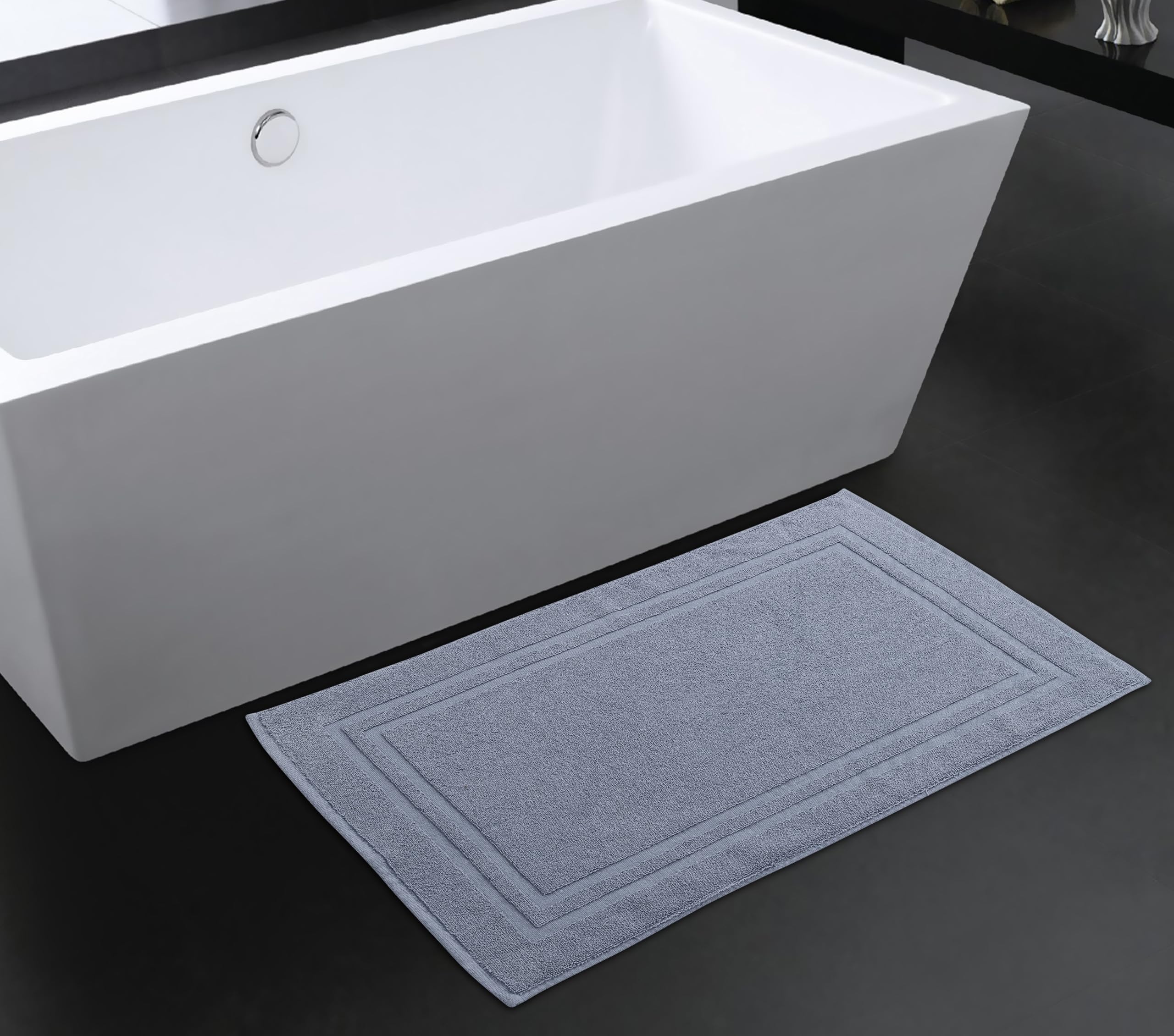 La Maison100% Cotton Super Soft and Absorbent Bath Mat Shower Mat 50cms x 80cms Hotel Frame Stripe Border (Pacific Blue)