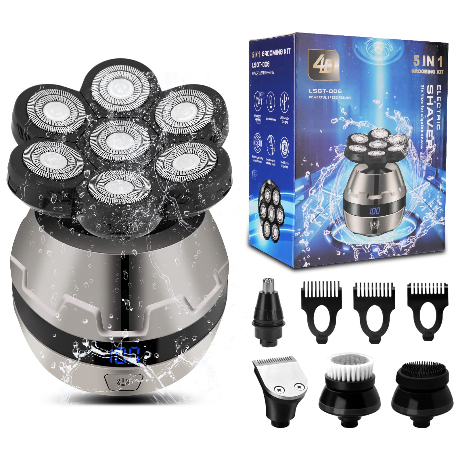 Electric Razor for Men, Upgraded Head Shaver 7D Rechargeable Wet Dry Beard Trimmer with Nose Hair Trimmer Grooming Kit Waterproof Cordless Rotary Shaver Anti-Pinch Ergonomic Design Hair Clippers