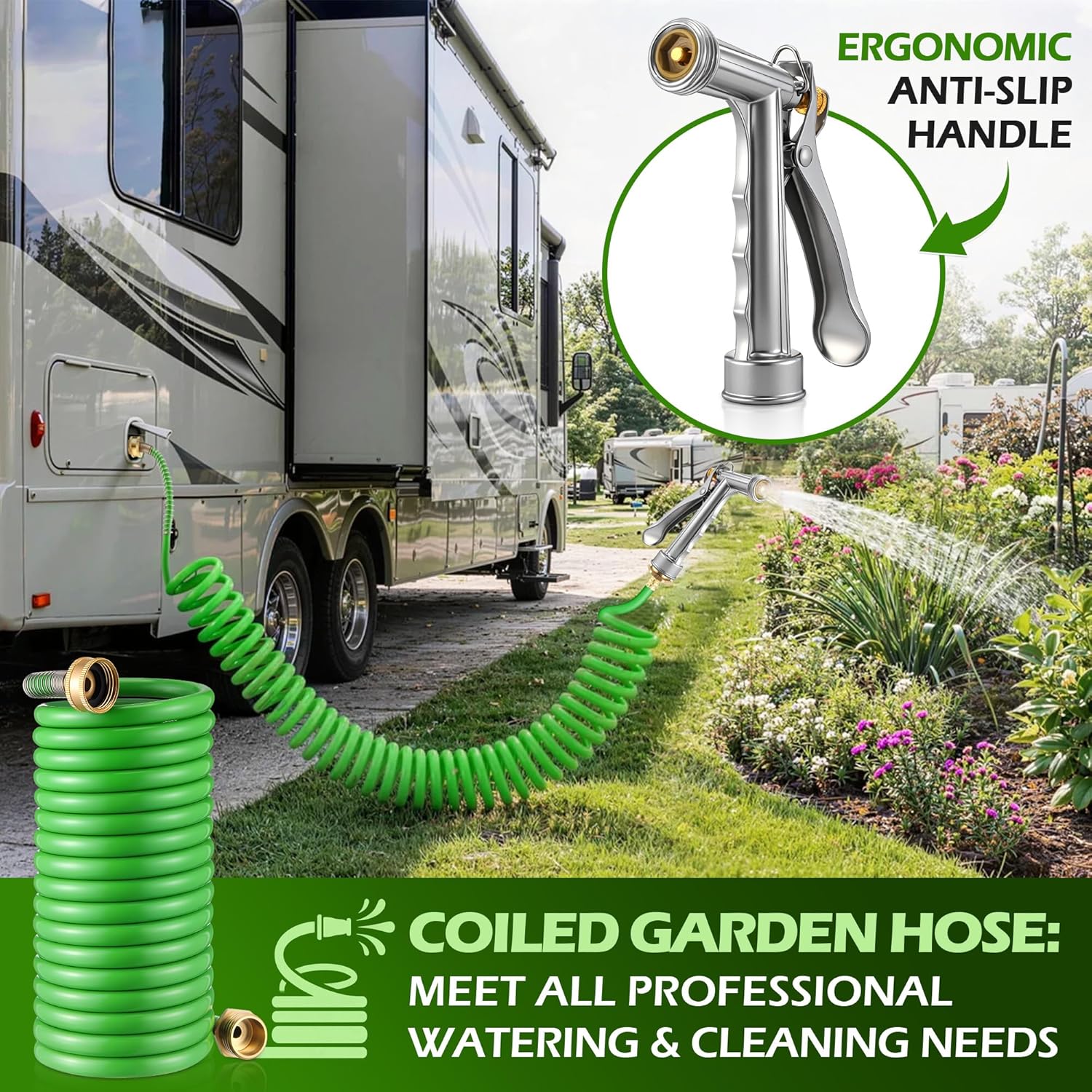 RV Exterior Shower Hose With Sprayer, 15FT Coiled Water Hose with 1/2" Quick Connect Adapter, UV Resistant Optional Flexible Quick Connect Sprayer for RV Outdoor Shower Garden Use 3/4" Fitting