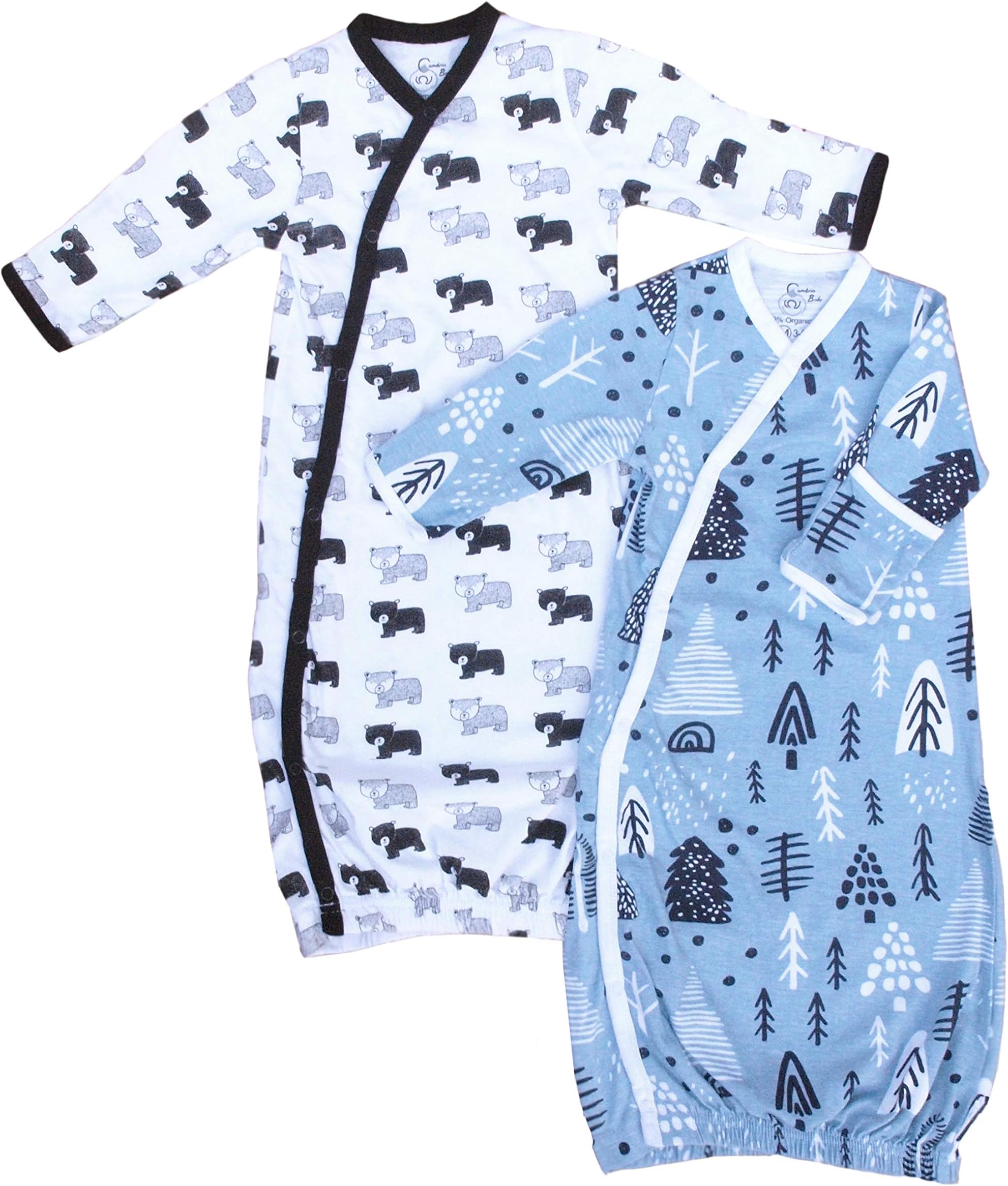 Cambria Baby Organic Boy Kimono Gowns. Side Snaps, Built in Mitts. 2 Pk. 0-3