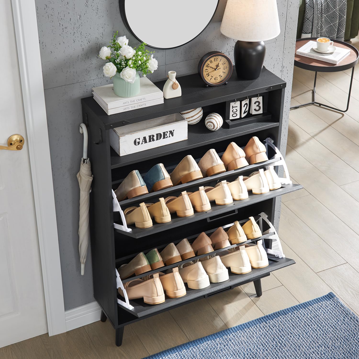 Shoe Storage Cabinet, Farmhouse Shoe Organizer with 2 Flip Drawers & Barn Door,Freestanding Hidden Slim Narrow Shoe Rack Cabinet with Open Storage for Entryway, Foyer, Black