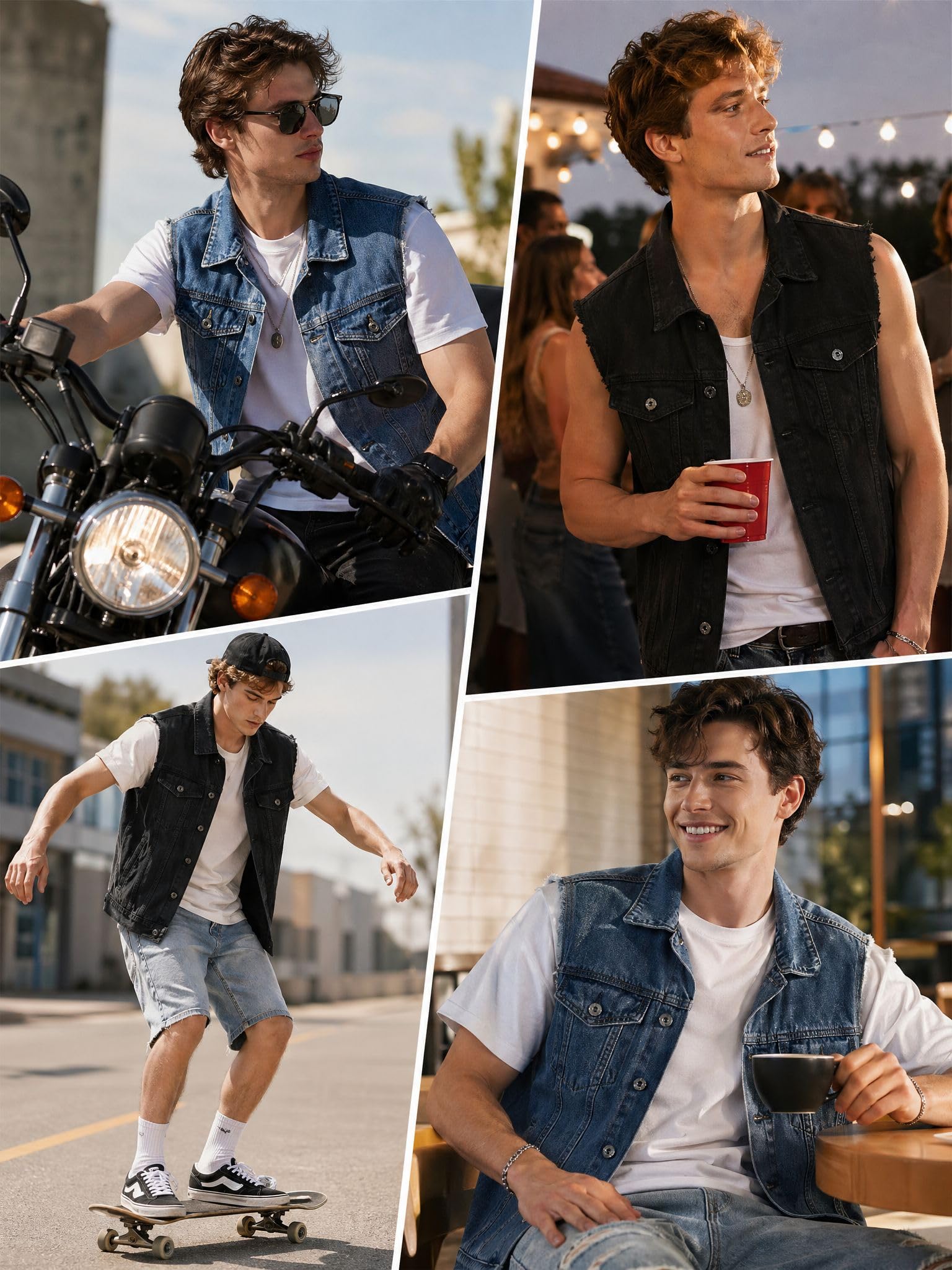 Homme Gilet en Jean Sans Manche Biker Veste en Jean Multipoches Déchiré Gilet Moto d'été