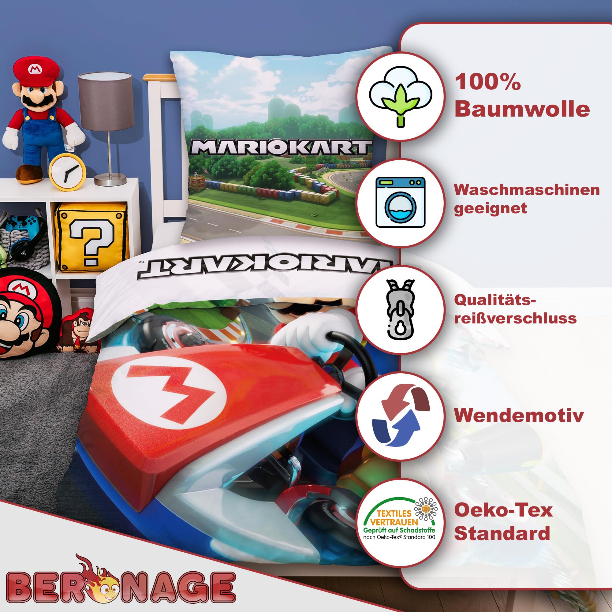 BERONAGE Super Mario Kart Kinderbettwäsche Combo - 135 x 200 cm + 80 x 80 cm – 100% Baumwolle Renforcé-Linon – Bettwäsche mit Motiven von Mario, Bowser & Co. - Rennen - Reißverschluss, deutsche Größe