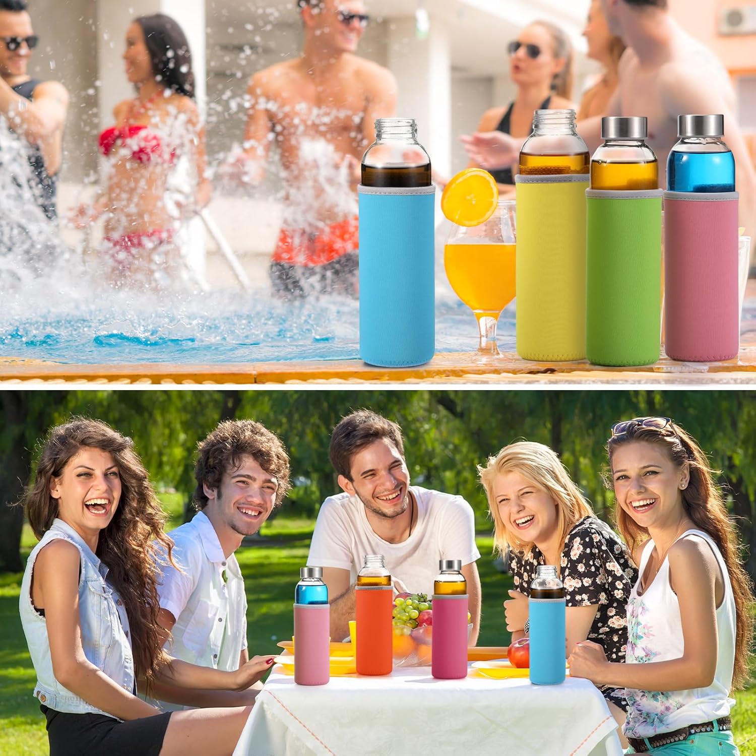 Vesici 12 Set 18 oz Clear Glass Water Bottles, Reusable Glass Juicing Bottles with Protection Sleeve and Stainless Steel Leak Proof Lids for Milk Smoothie Juice Beverage Tea (Colorful,Classic) - Image 8