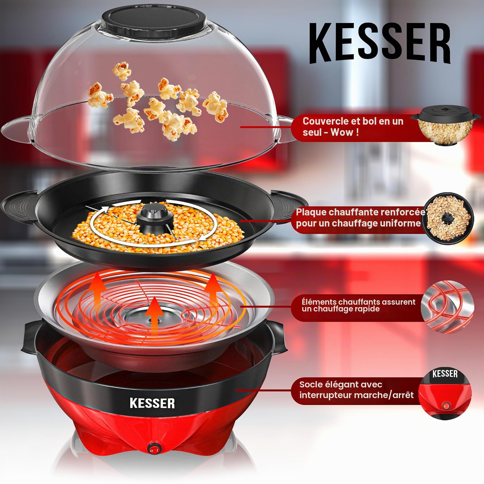 KESSER® Machine à pop-corn Grande 800W Automate à pocorn 5,5l de capacité avec revêtement antiadhésif Couvercle & bol de service pour huile Beurre Sucre + surface chauffante amovible & gobelet, rouge