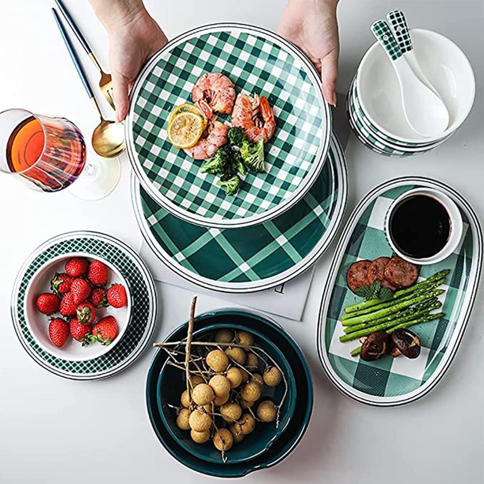 Ensembles d'assiettes et de bols en porcelaine, ensembles de vaisselle 24 pièces, bol à salade, ensemble combiné de vaisselle | Plats de service en céramique pour le service de fête à carreaux des fêt