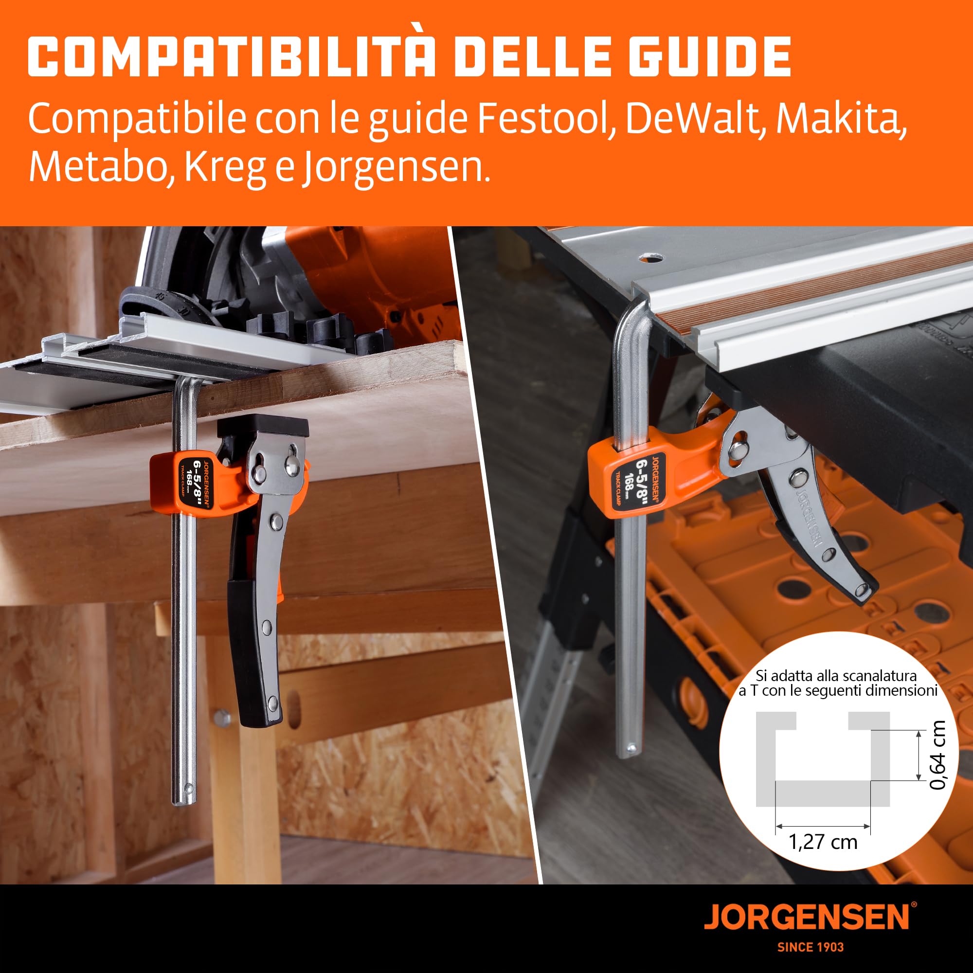 JORGENSEN Set da 2 Morsetti da Falegname, Morsetto a Leva Guida per Binari, con Blocco di Sicurezza, Forza di Serraggio fino a 181 kg, Apertura Max 168 mm