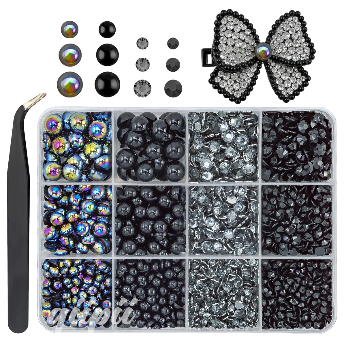 qiipii 3mm-8mm Black Flatback Pearls and Rhinestones for Bedazzling Crafting Half Pearls Resin Bedazzled Gems Stones Diamonds Crystals for Nails Face Eyes Makeup Tumblers Bottles Crafts Grad Cap Shoes-image-9