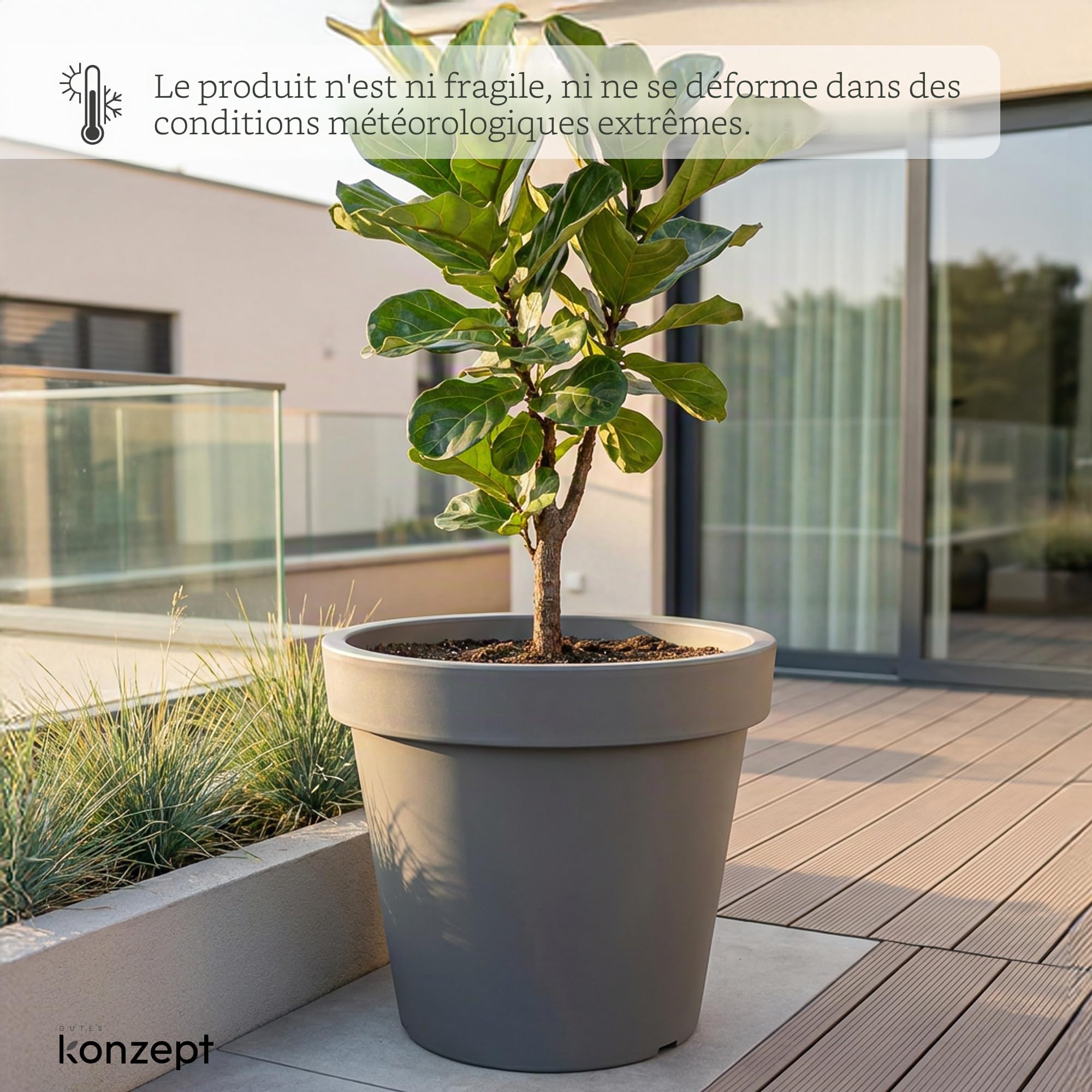KONZEPT Pot de fleurs de 58 cm de diamètre, 52 cm de hauteur - Grand pot extérieur de 87 l de forme conique, robuste et stable, en plastique, résistant aux UV et au gel, pour intérieur et extérieur