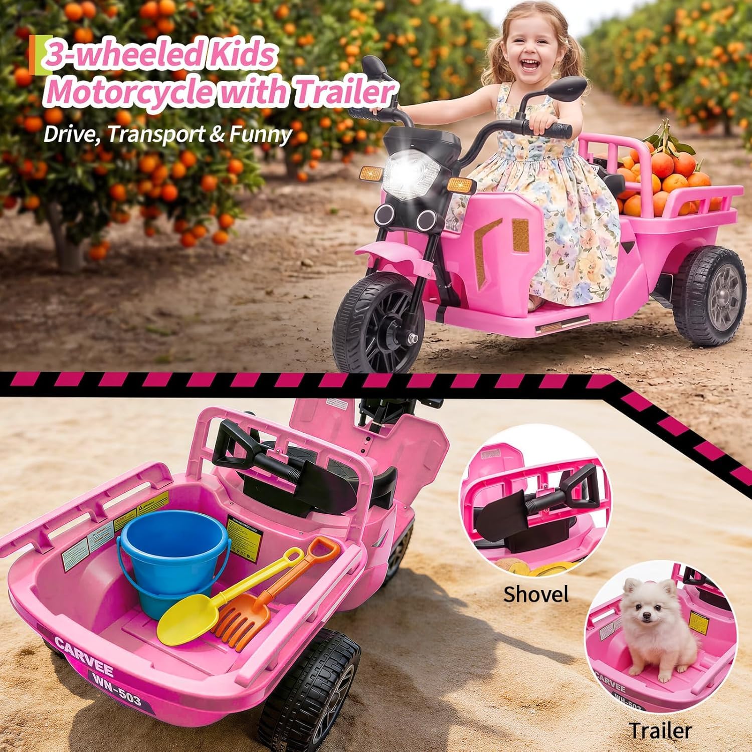 Elektrisches Dreirad 12V Kinder mit Anhängerplattform, dreirädriges Elektro-Kinderfahrzeug mit Fernsteuerung, Musik, Bluetooth, Rückspiegeln und LED, für Kinder ab 3 Jahren, Rosa