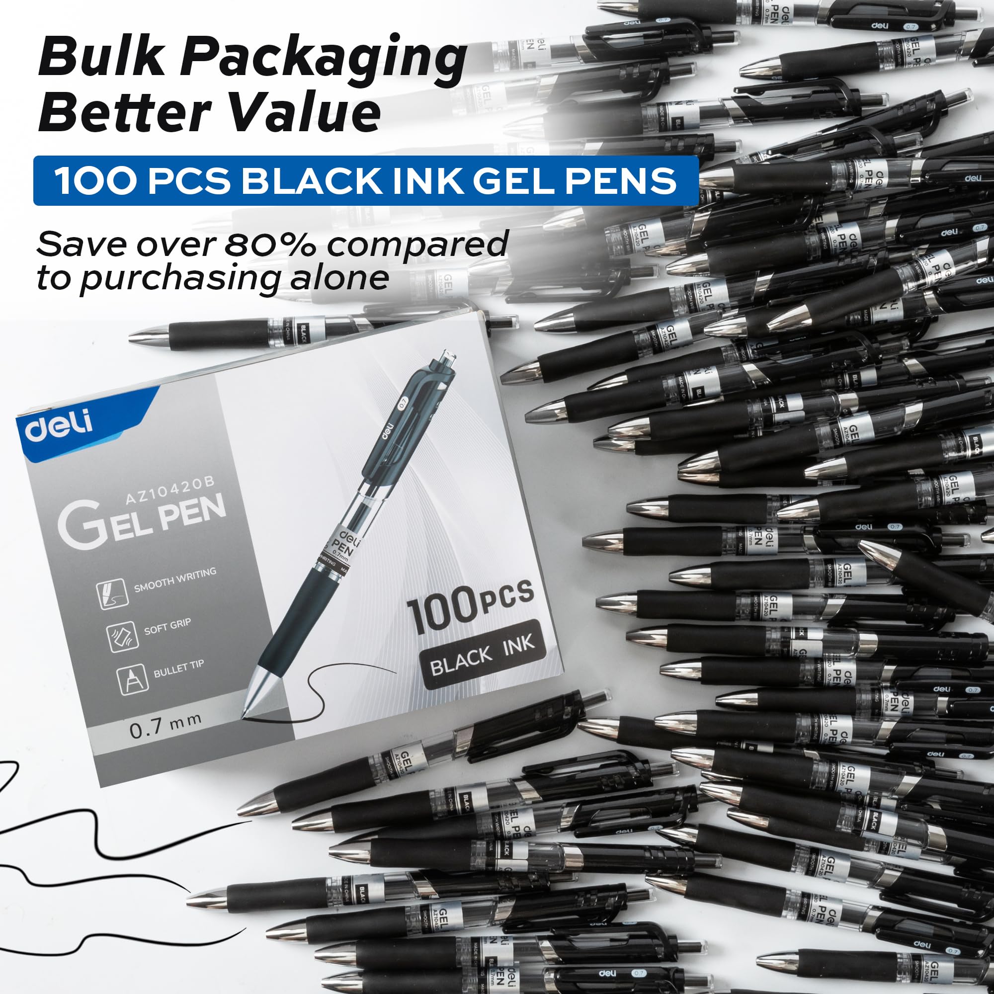 deli Gel Pens, 100 Pcs Retractable Pens Black Ink, Medium Point Pen 0.7mm, Smooth Writing, Fast Dry, No Bleed for Journaling Note Taking, Home School Office Supplies