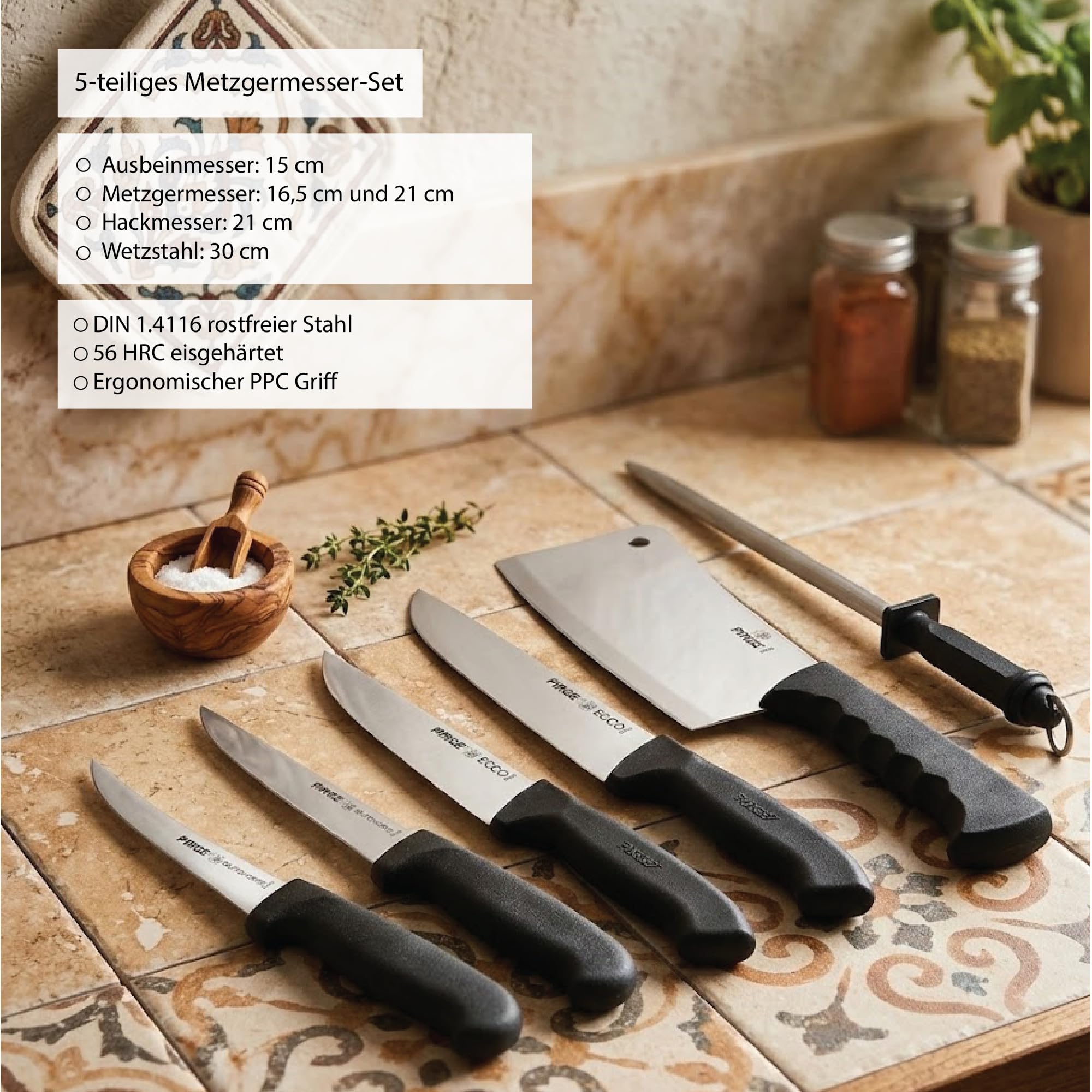 Pirge Set di coltelli da macellaio, 6 pezzi: coltelli da macellazione - coltello per disossare - acciaio per affilare - coltelli da cucina professionali in acciaio inossidabile