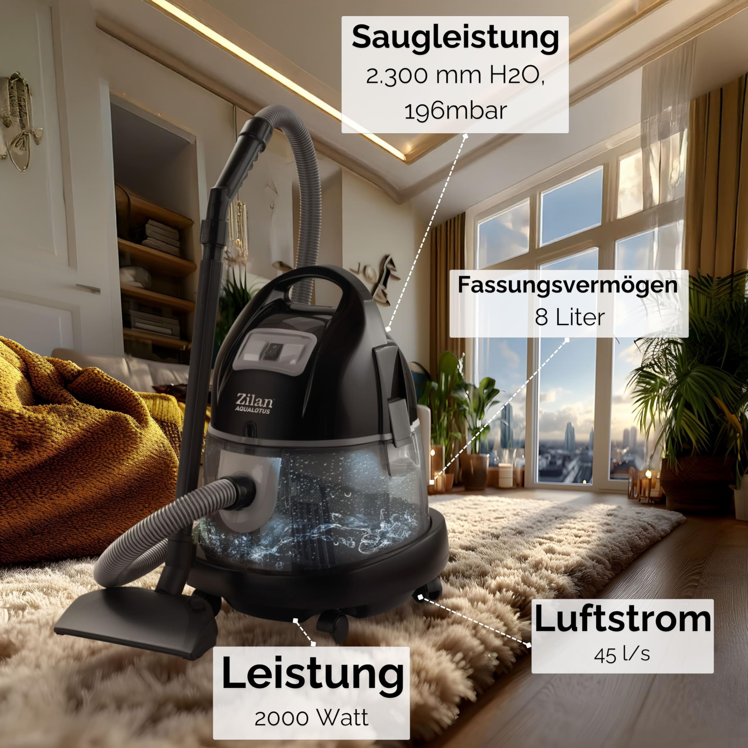 Zilan Aspirateur avec filtre à eau sans sac H20 - Puissance d'aspiration 2000 W - Aspirateur sans sac - Tuyau à 360° - Convient pour les personnes allergiques - Convient pour tous les sols et tapis