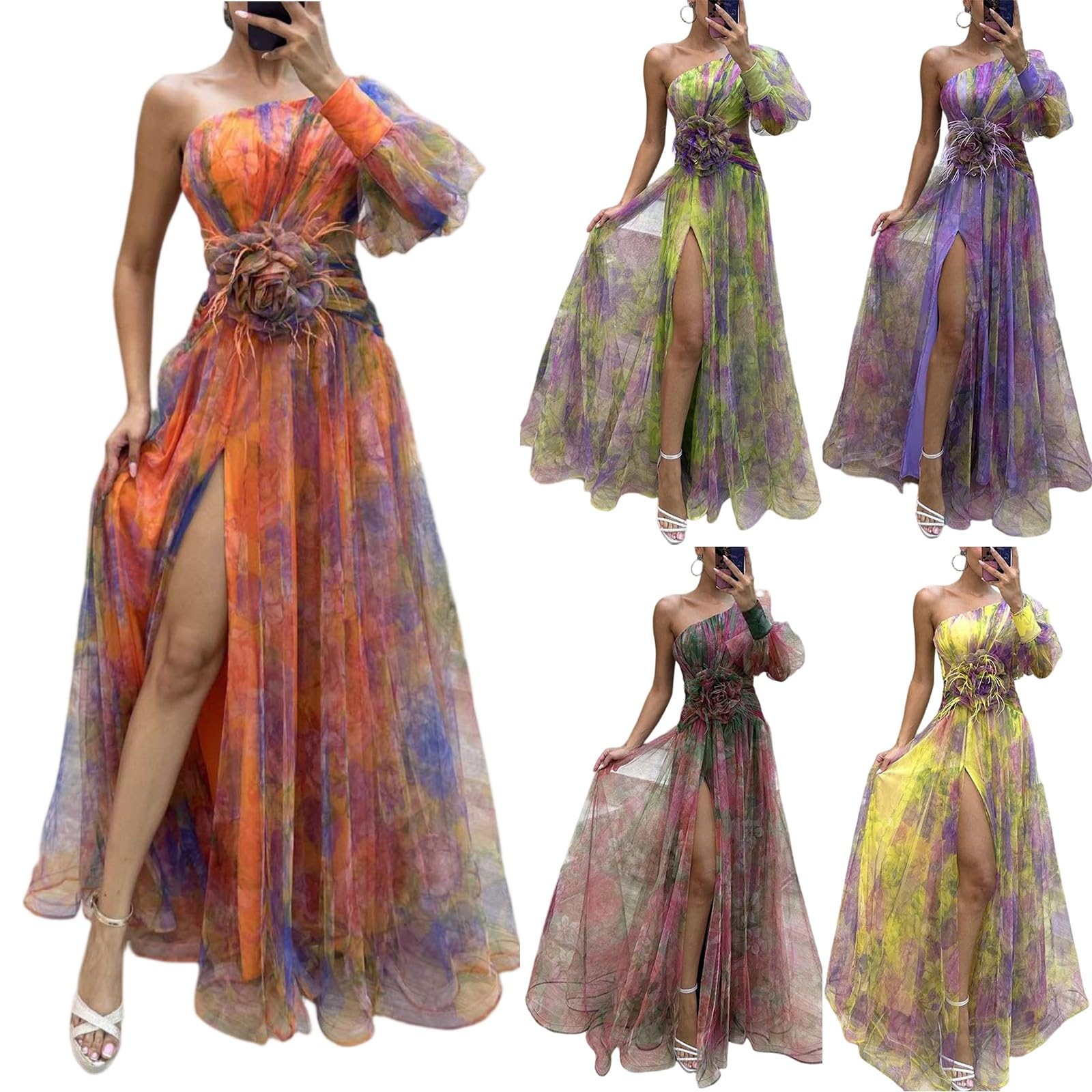 uxxnjfg Robe De Cérémonie pour Femme Ronde Boheme Cocktail Maille Robe Longue Chic Et Elegant De Cérémonie Fleurie Vetement Ete sans Manches Fluide Summer Dress