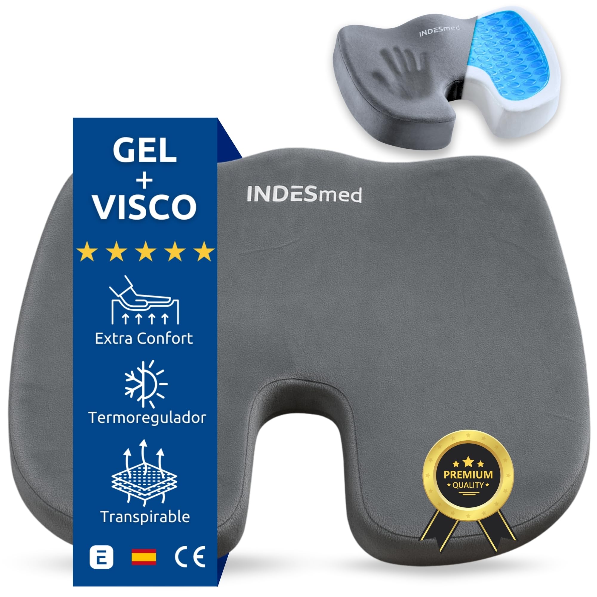 INDESMED Cojín Antiescaras Gel + Viscoelástico de Alta Densidad Premium Memory Foam | Funda Terciopelo Lavable con Antideslizante-Ergonómico, para Oficina, Hogar, Silla de Ruedas, Coche | 45x35x7cm
