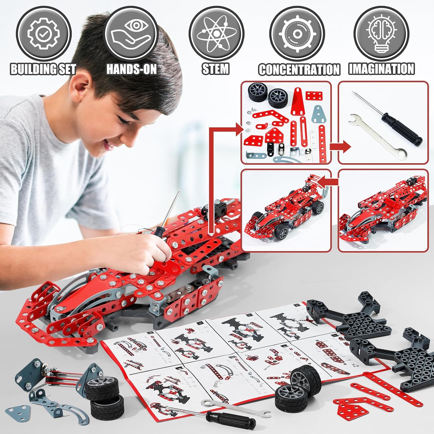 Metal Model Car Kits - 290 Pcs Erector Set for Boys Age 8-12 14 and Up, Building Kits, STEM Projects for Kids Ages 12-16 6-12 8-10 8-13, Building Toys Gifts for 15 16 Year Old Boys and Adults