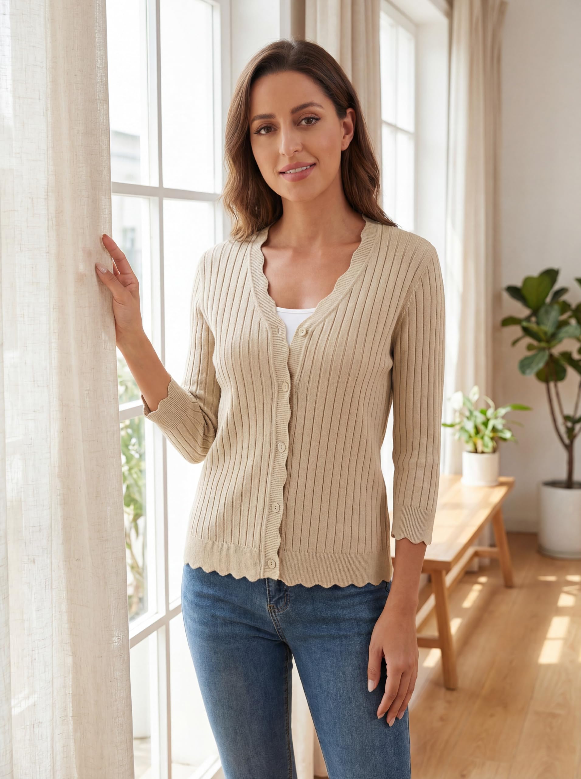 GRECERELLE Cárdigan para mujer con manga 3/4, elegante cárdigan con dobladillo ondulado, cuello en V, chaqueta ligera de punto acanalado para verano y entretiempo