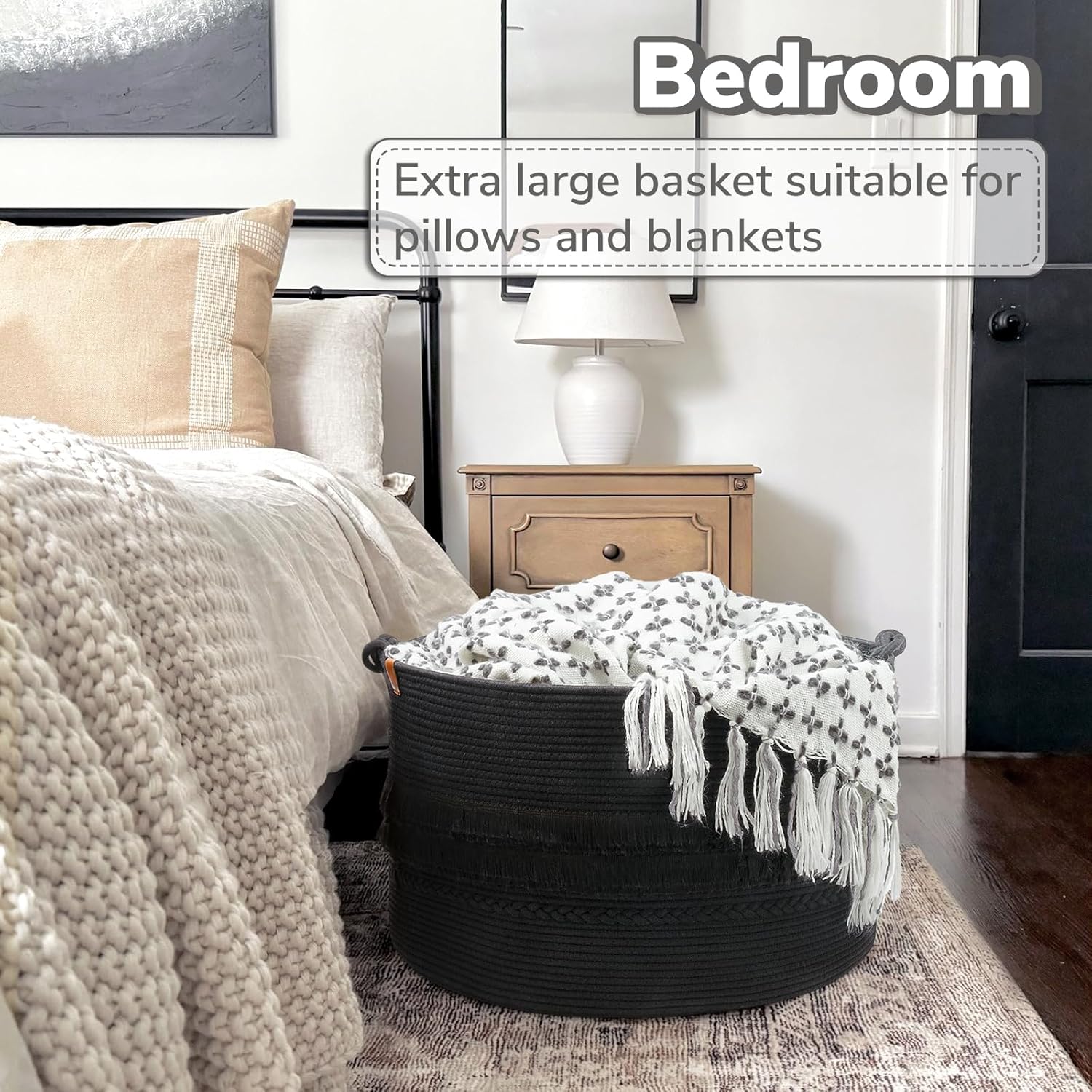 CherryNow 22"x22"x14" Large Blanket Basket, Home Décor for Living Room Bedroom, Boho Decorative Laundry Basket for Clothes, Baby Toy Storage, Black