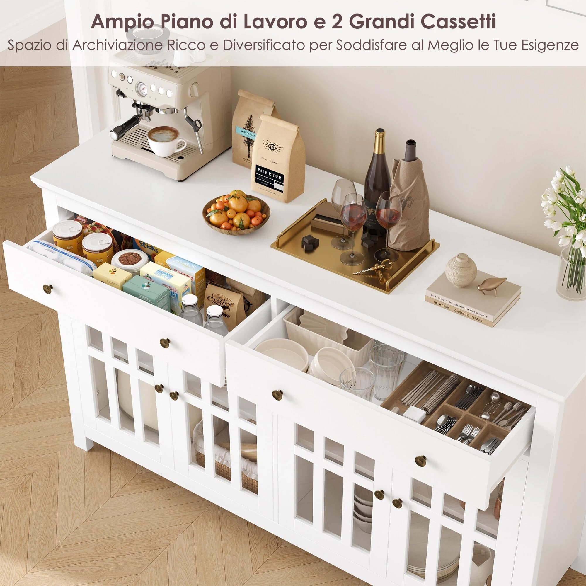 FirFurd Mobile Cucina, Credenza Soggiorno con 4 Ante in Vetro, Buffet Mobile Moderno con 2 Cassetti Ripiani Regolabili o Rimovibili, per Cucina, Soggiorno, Sala da pranzo, 140x40x90.7cm, Bianco