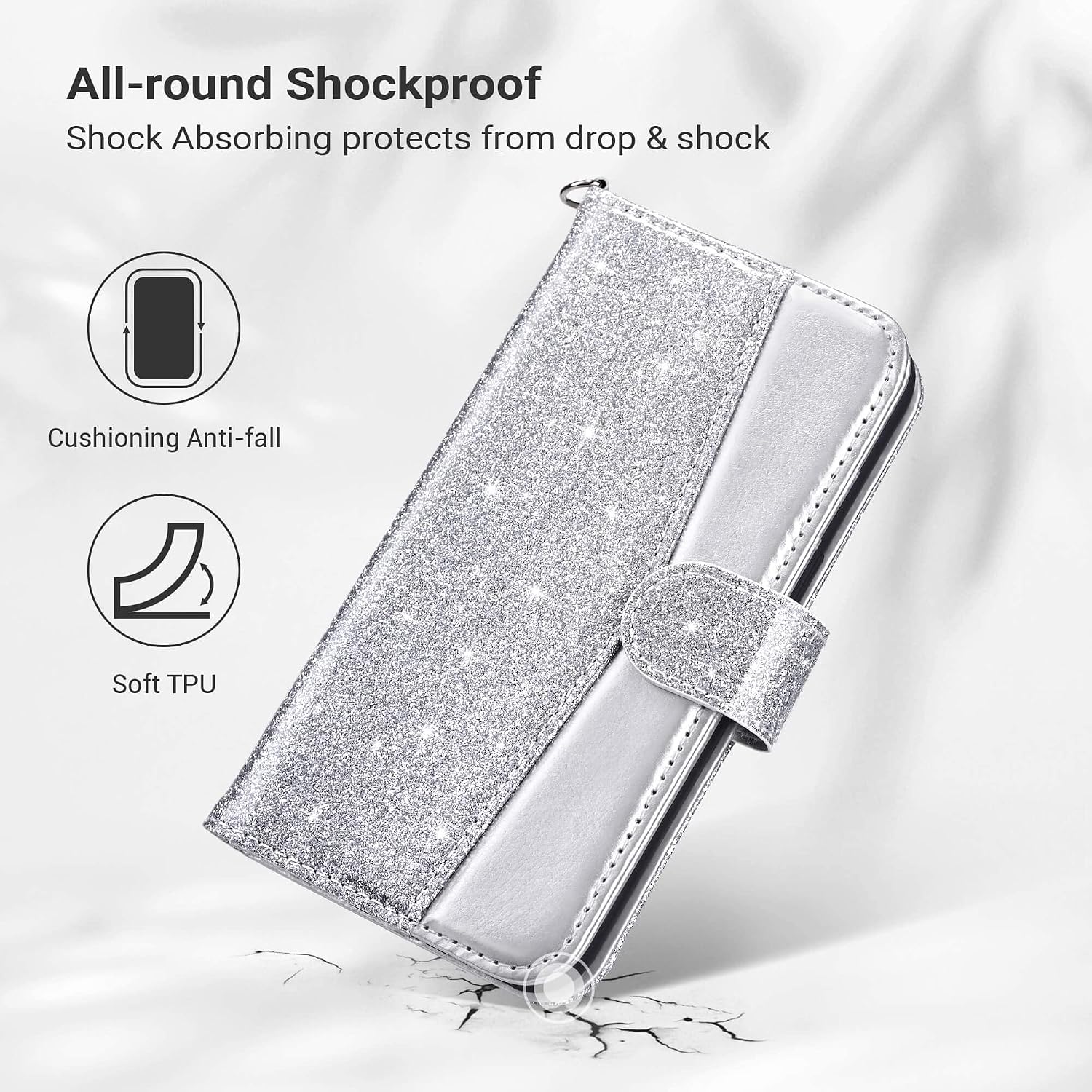 ULAK Compatible with iPhone 12 Wallet Case for Women, Premium PU Leather iPhone 12 Pro Flip Cover with Card Holder, Wrist Strap, Kickstand Shockproof Phone Case for iPhone 12/12 Pro 6.1, Silver