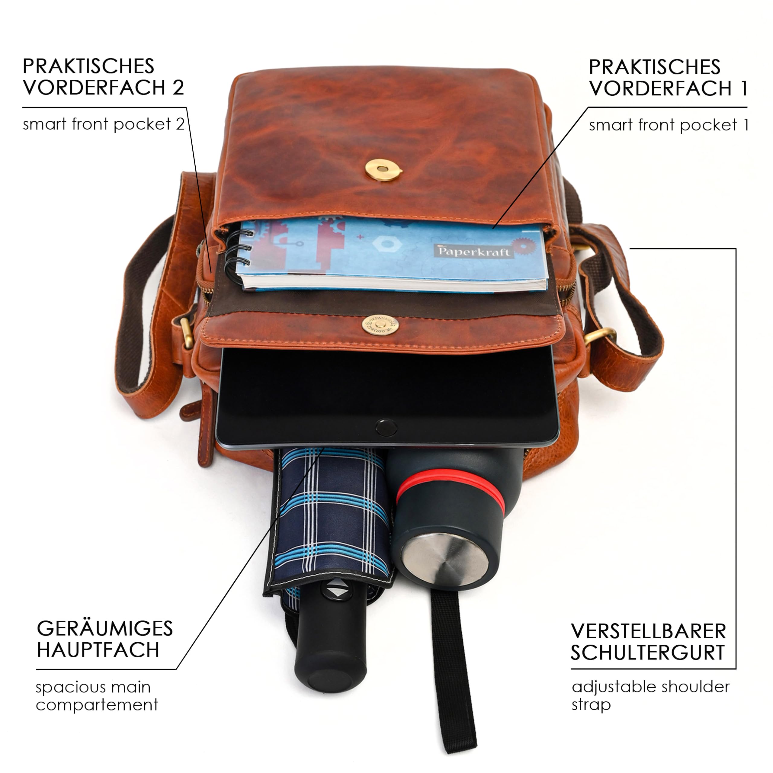 ALMADIH Leder Umhängetasche Herren perfekt für Tablet iPads 12.9 Zoll - DON braun - Kompakte echte Ledertasche für Arbeit & Alltag Messenger Schultertasche kleine Herrentasche